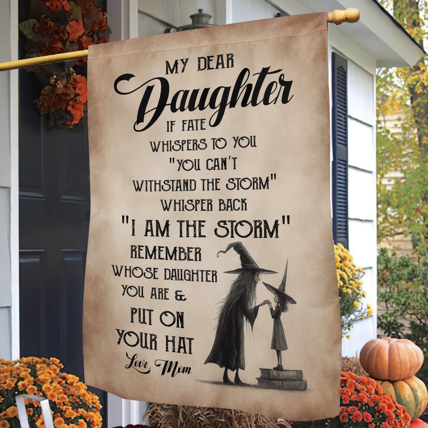 Vintage Halloween Witch Mom Daughter Garden & House Flag, My Dear Daughter Yard Flag Spooky Season Gift For Witch Lover