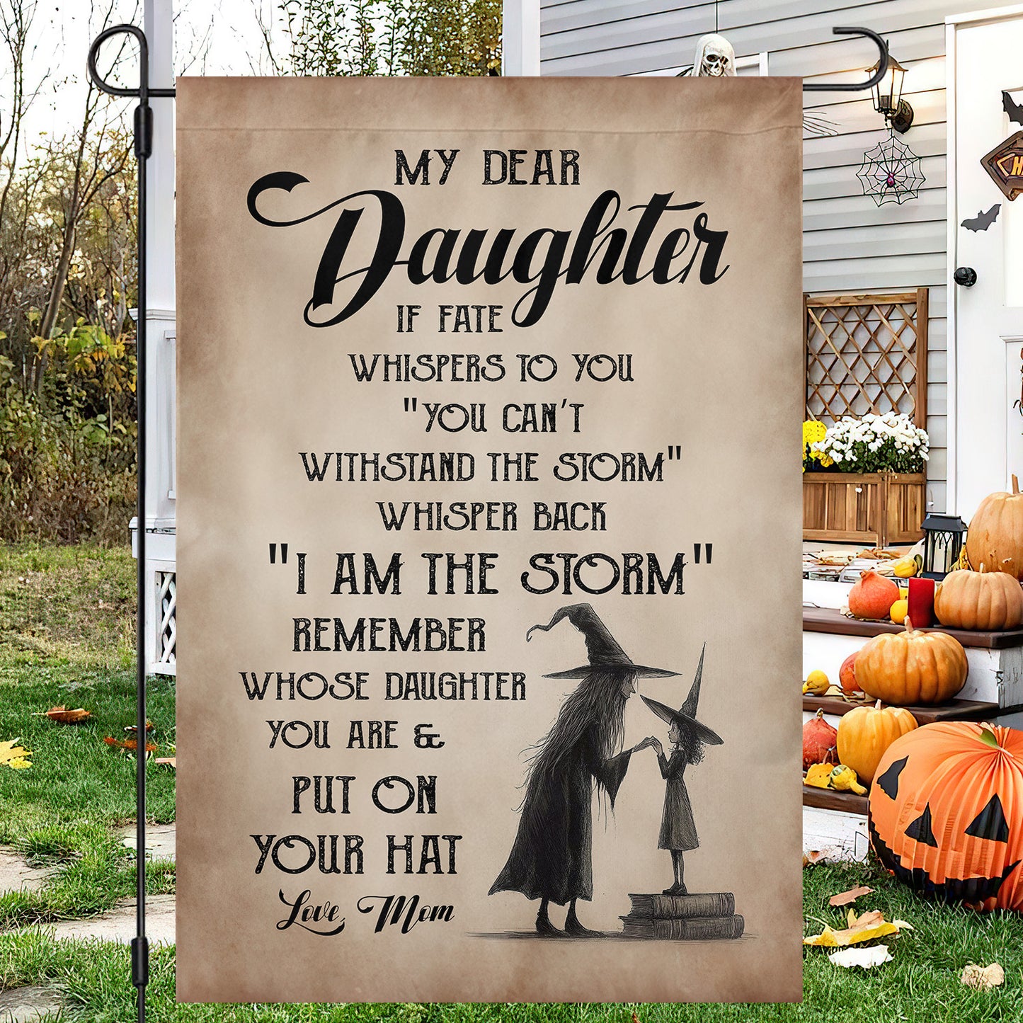 Vintage Halloween Witch Mom Daughter Garden & House Flag, My Dear Daughter Yard Flag Spooky Season Gift For Witch Lover