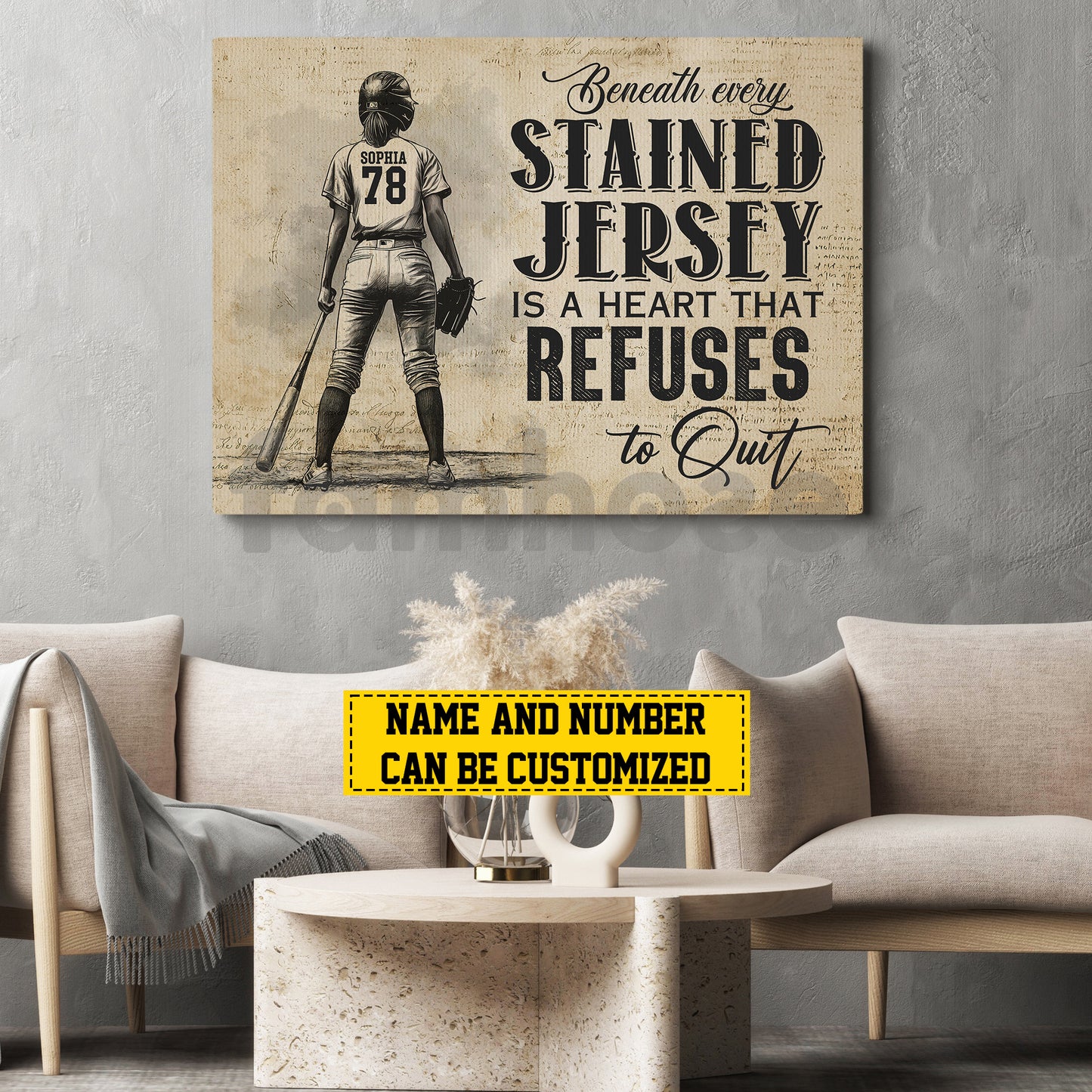 Personalized Softball Woman Canvas Painting, Beneath Every Stained Jersey Is A Heart Sport Wall Art Decor, Poster Gift For Softball Lovers