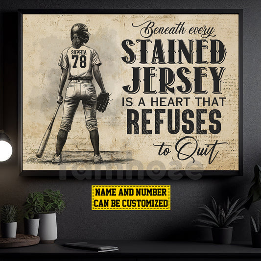 Personalized Softball Woman Canvas Painting, Beneath Every Stained Jersey Is A Heart Sport Wall Art Decor, Poster Gift For Softball Lovers