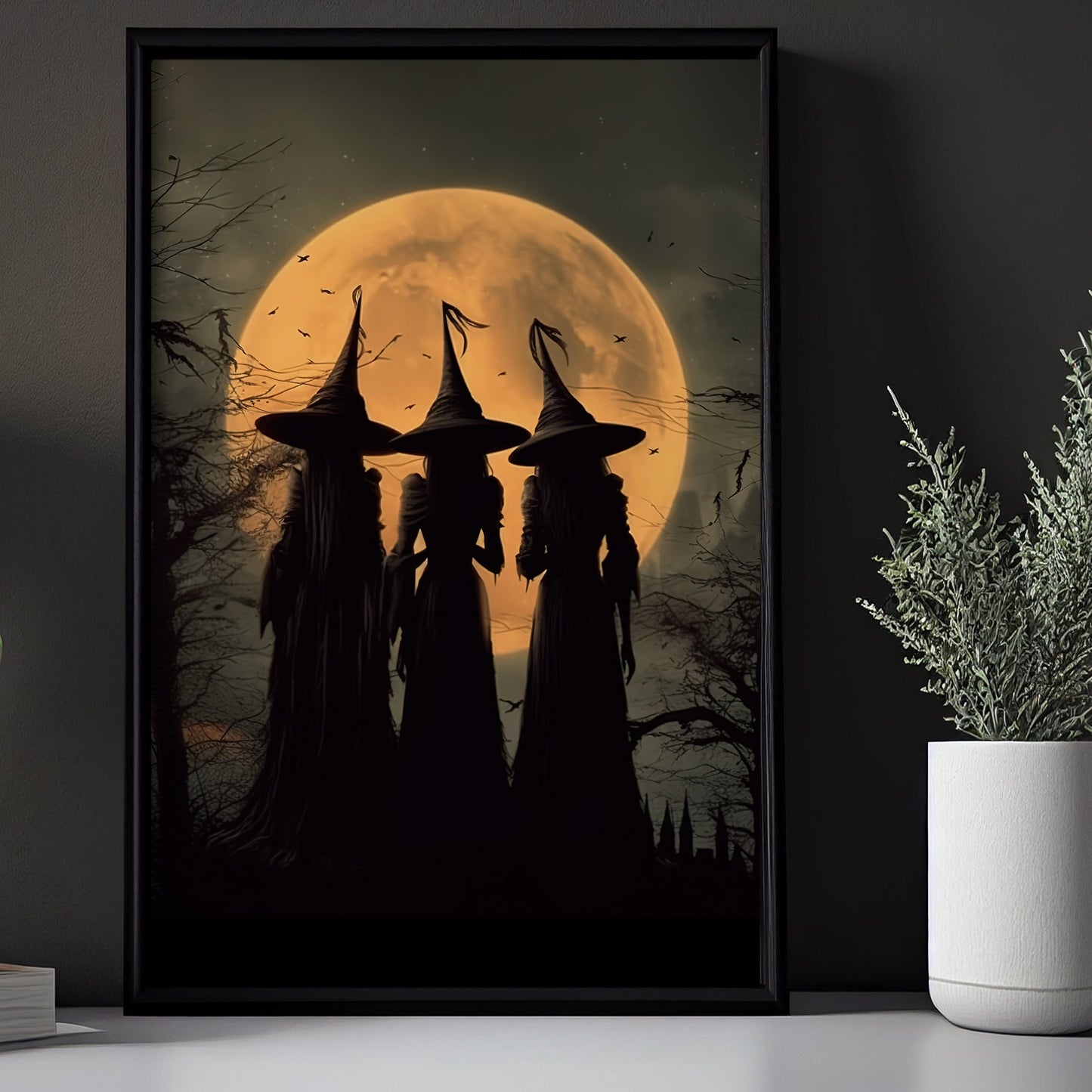 Three Young Witches Under The Moon Light Canvas Wall Art Print - Dark Witch Halloween Poster Print Art For Decorating Your Home