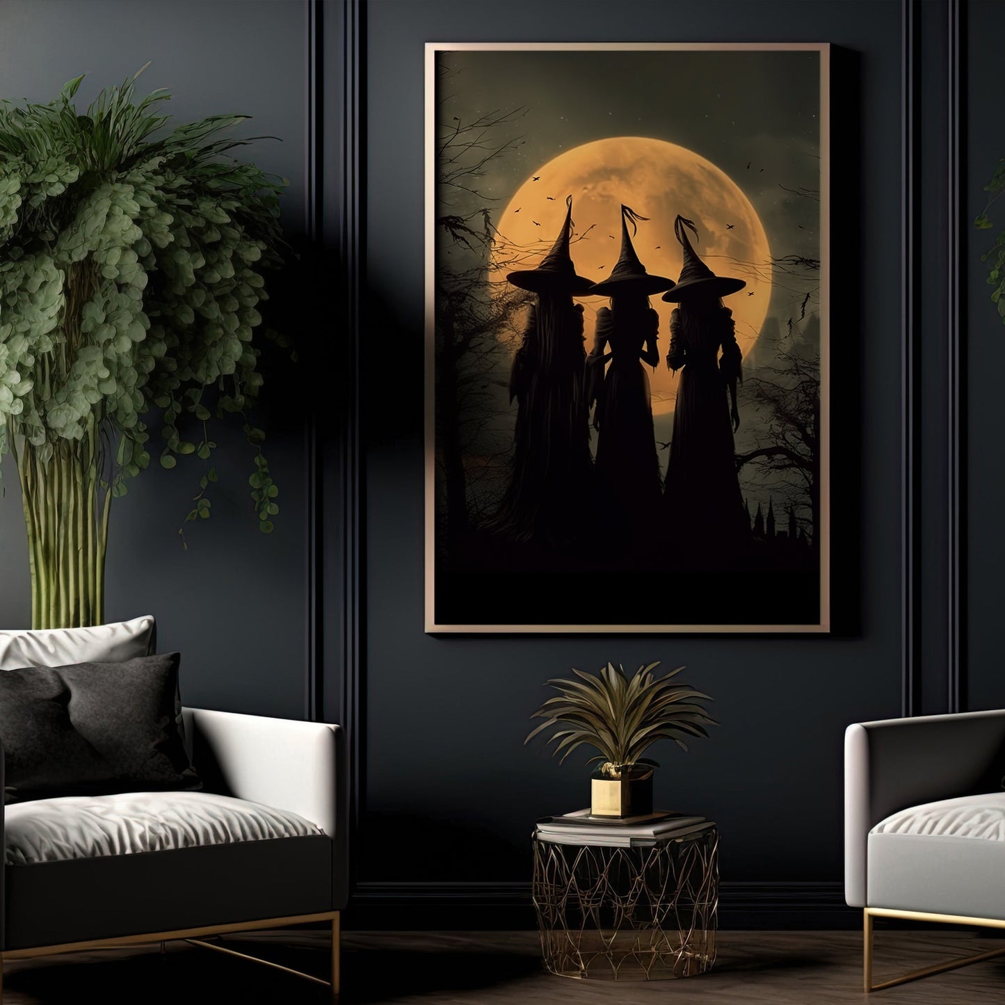 Three Young Witches Under The Moon Light Canvas Wall Art Print - Dark Witch Halloween Poster Print Art For Decorating Your Home