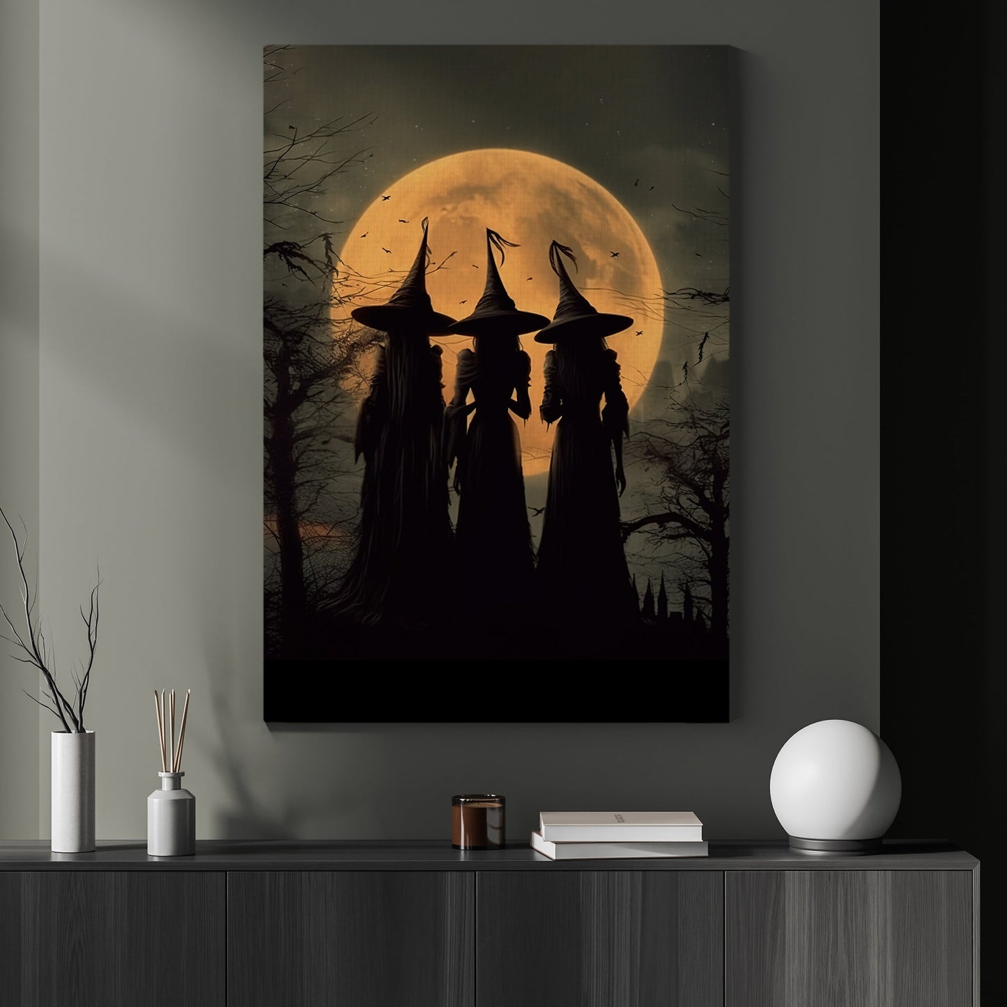 Three Young Witches Under The Moon Light Canvas Wall Art Print - Dark Witch Halloween Poster Print Art For Decorating Your Home