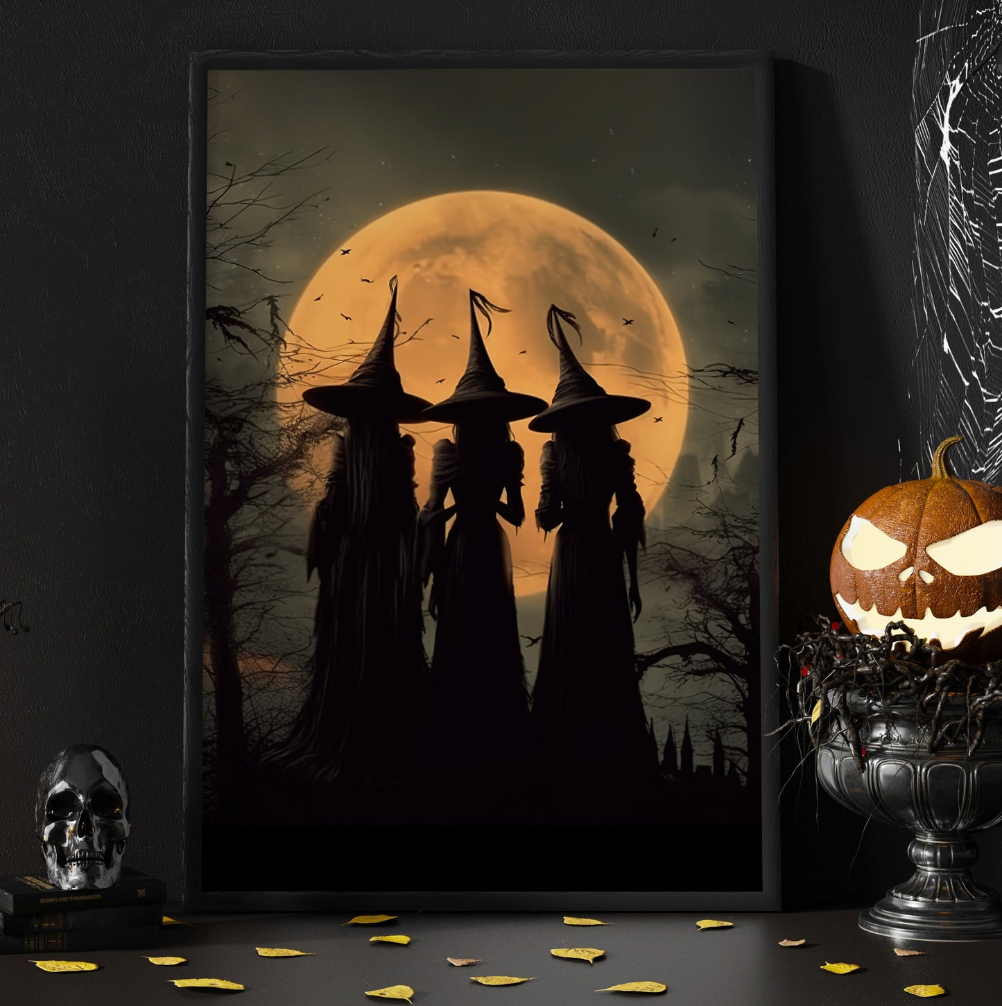 Three Young Witches Under The Moon Light Canvas Wall Art Print - Dark Witch Halloween Poster Print Art For Decorating Your Home