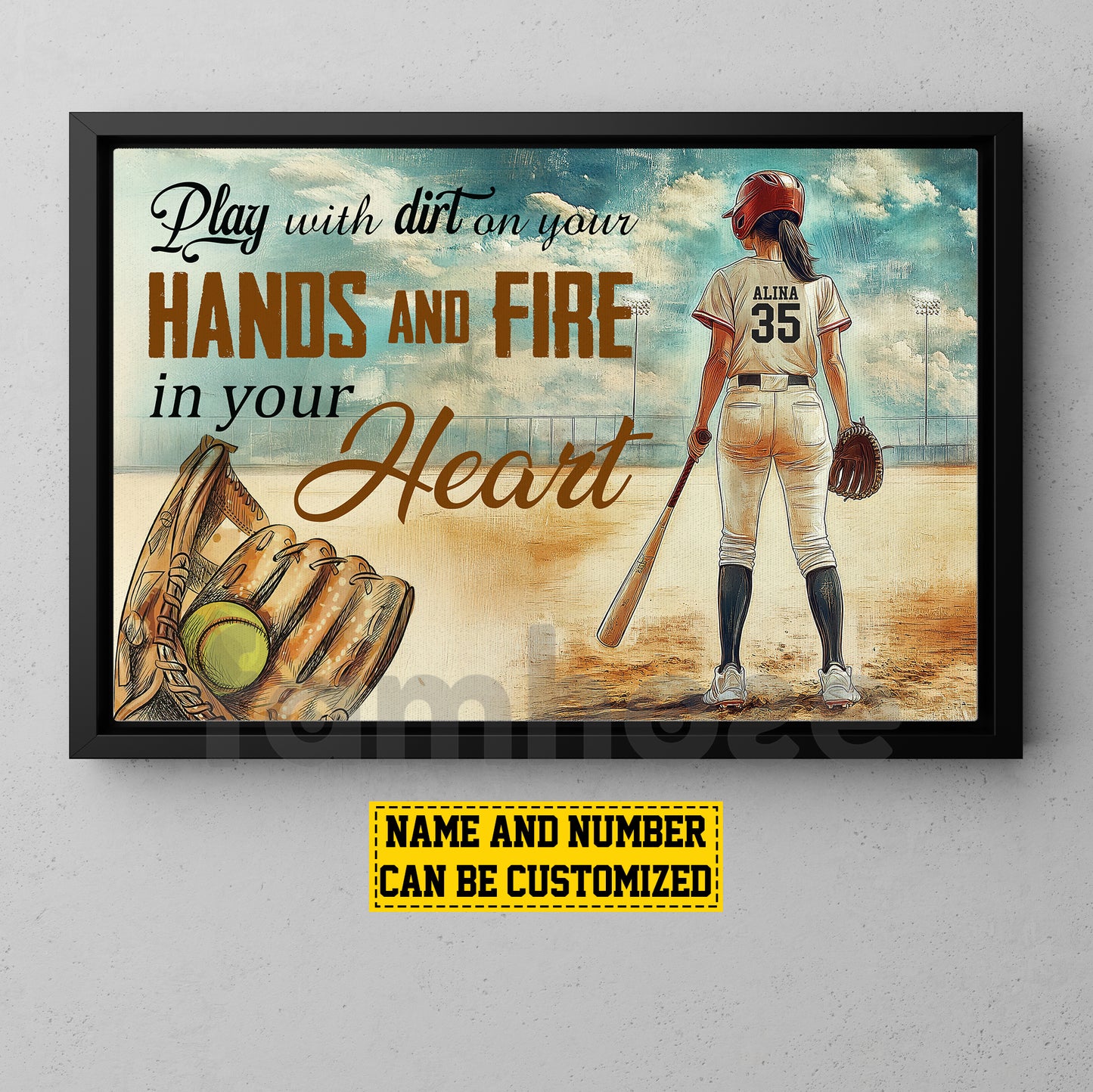 Personalized Softball Woman Canvas Painting, Play With Dirt On Your Hands And Fire In Your Heart Sport Wall Art Decor, Poster Gift For Softball Lovers
