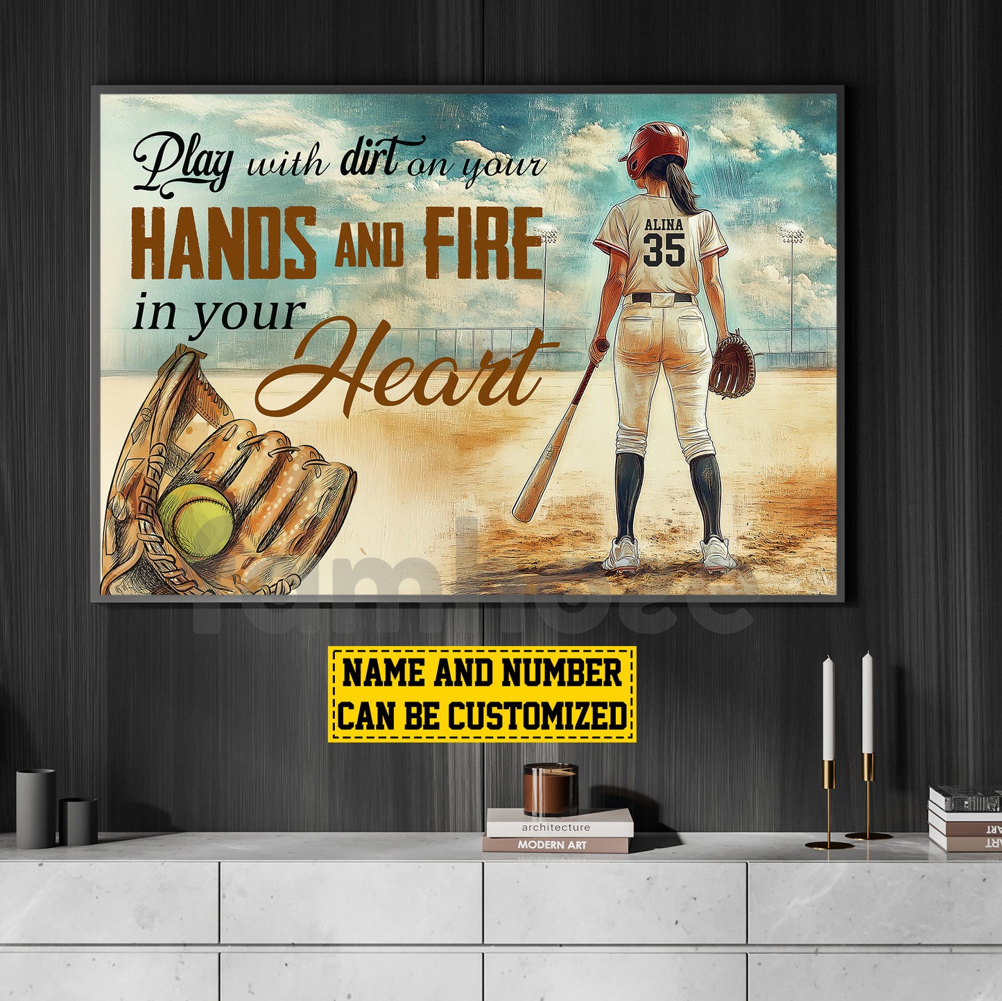 Personalized Softball Woman Canvas Painting, Play With Dirt On Your Hands And Fire In Your Heart Sport Wall Art Decor, Poster Gift For Softball Lovers