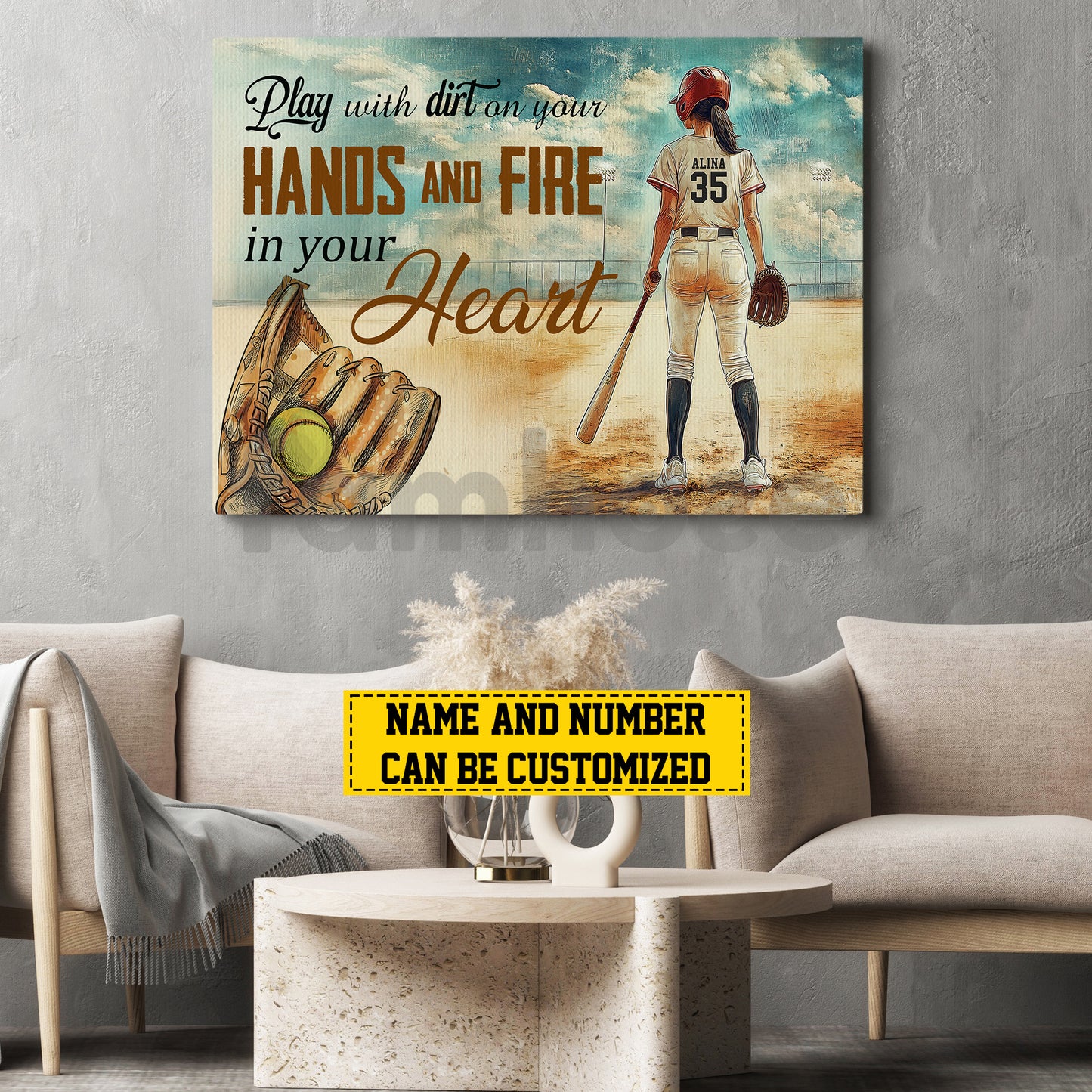 Personalized Softball Woman Canvas Painting, Play With Dirt On Your Hands And Fire In Your Heart Sport Wall Art Decor, Poster Gift For Softball Lovers