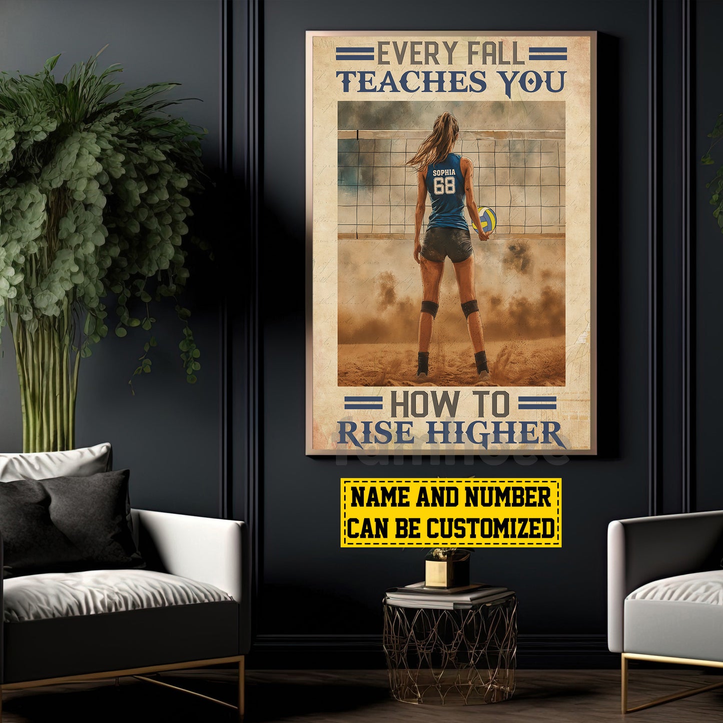 Motivational Personalized Volleyball Woman Canvas Painting, Every Fall Teaches You How To Rise Higher Sports Wall Art Decor, Poster Gift For Volleyball Lovers