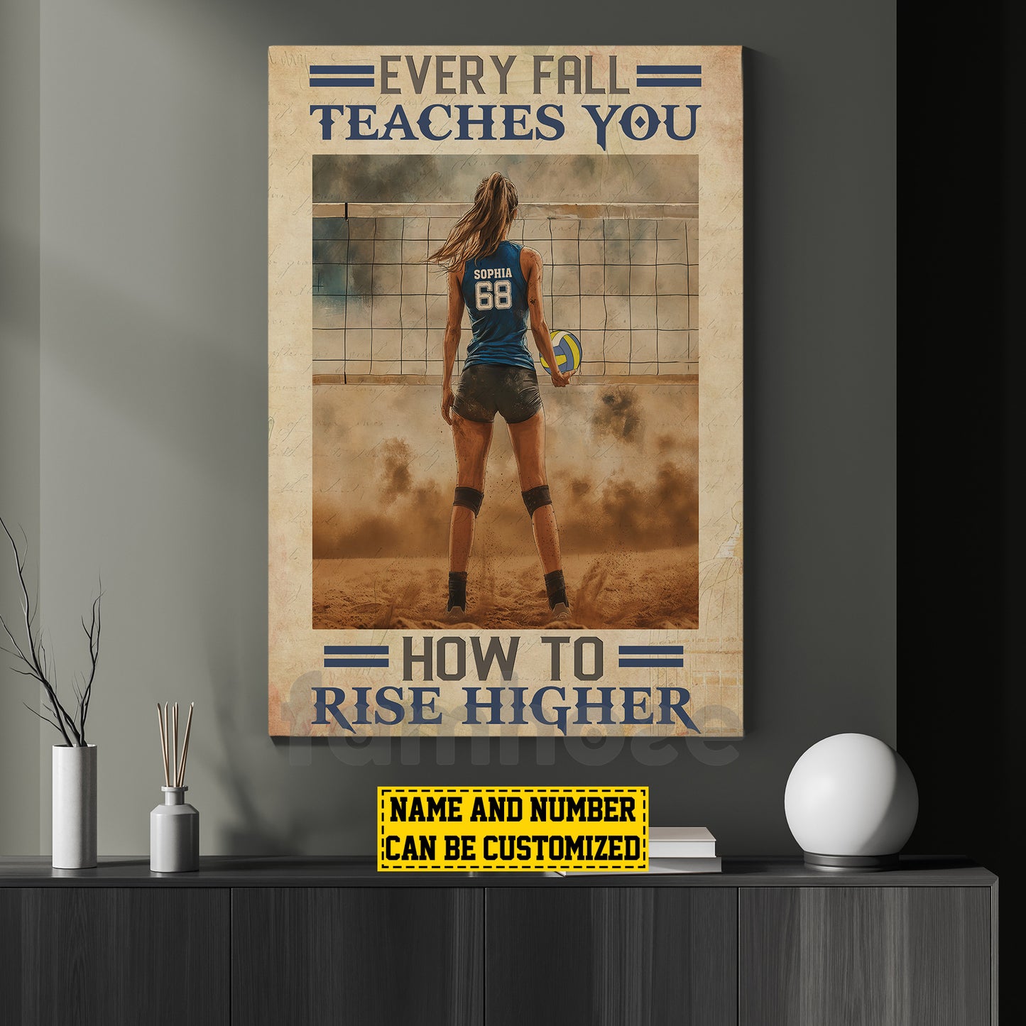 Motivational Personalized Volleyball Woman Canvas Painting, Every Fall Teaches You How To Rise Higher Sports Wall Art Decor, Poster Gift For Volleyball Lovers