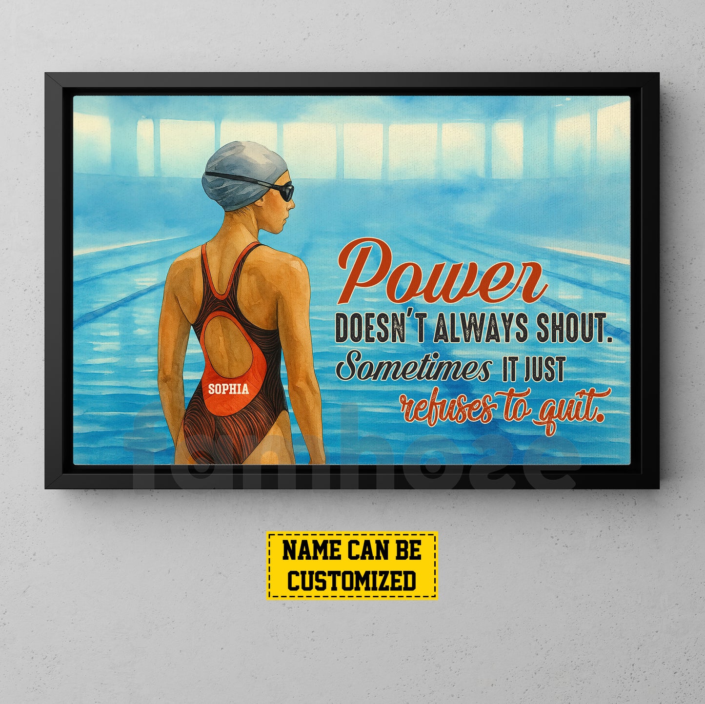 Personalized Swimming Woman Canvas Painting, Power Doesn't Always Shout Sport Wall Art Decor, Poster Gift For Swimming Lovers