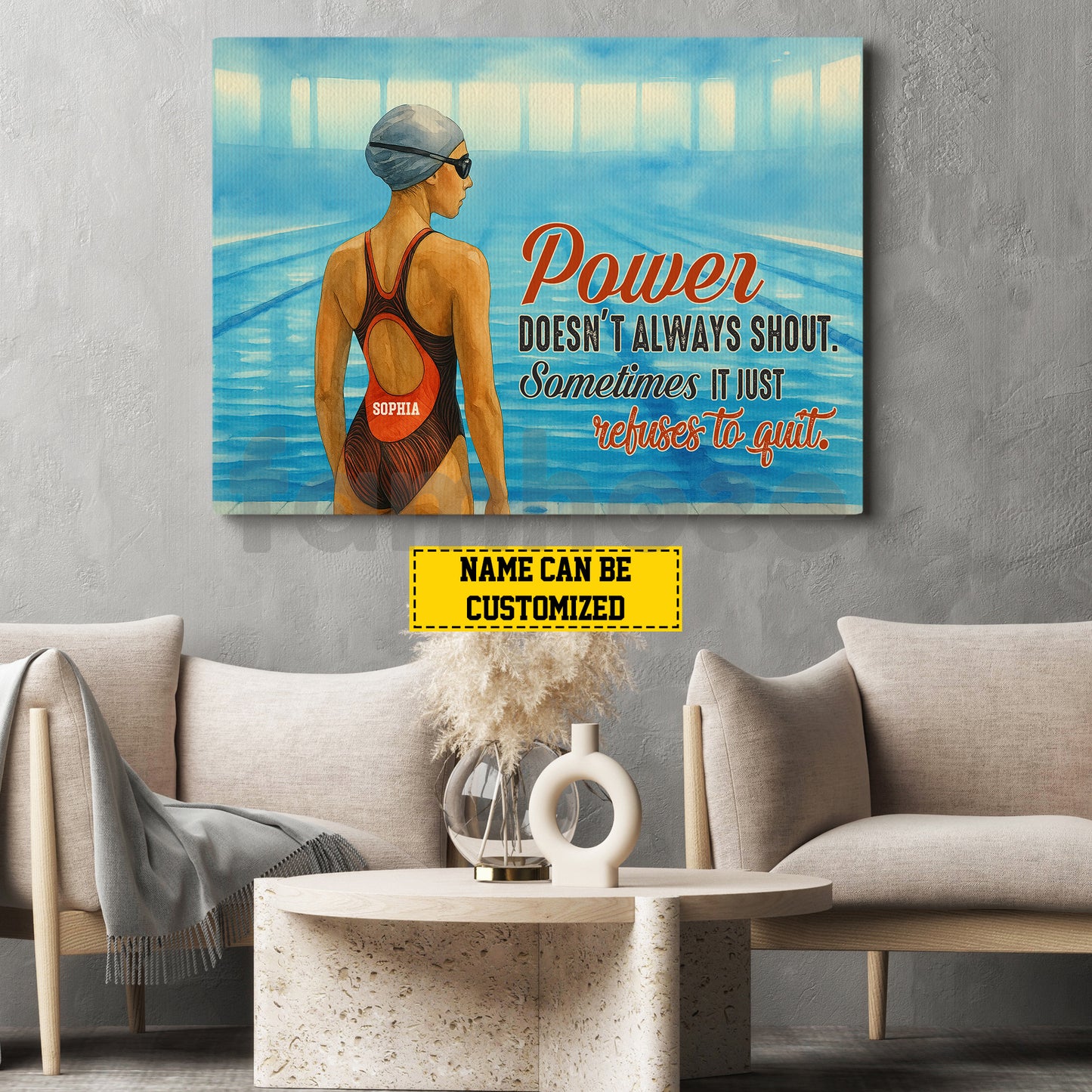 Personalized Swimming Woman Canvas Painting, Power Doesn't Always Shout Sport Wall Art Decor, Poster Gift For Swimming Lovers