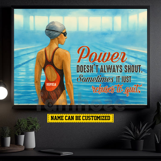 Personalized Swimming Woman Canvas Painting, Power Doesn't Always Shout Sport Wall Art Decor, Poster Gift For Swimming Lovers