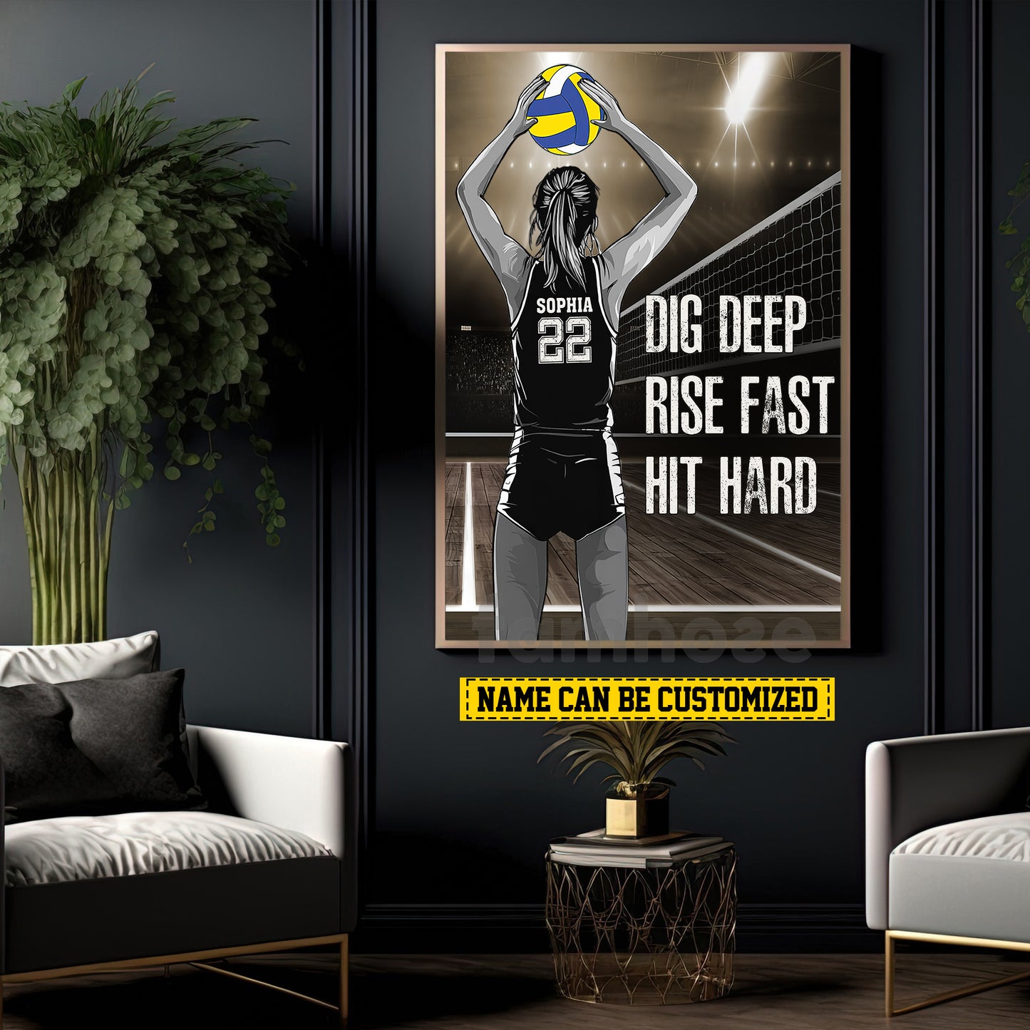 Personalized Volleyball Woman Canvas Painting, Dig Deep Rise Fast Hit Hard Sport Wall Art Decor, Poster Gift For Volleyball Lovers
