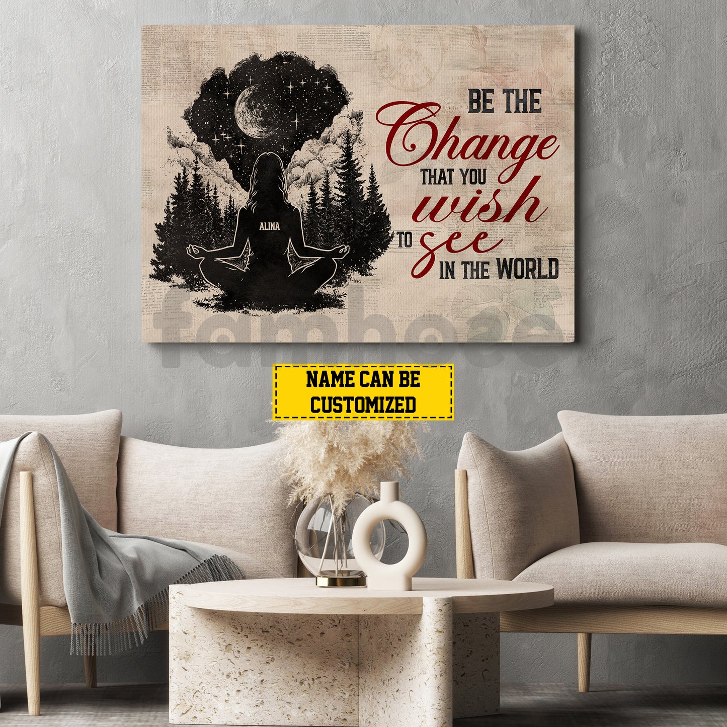 Personalized Yoga Woman Canvas Painting, Be The Change That You Wish Wall Art Decor, Poster Gift For Yoga Lovers