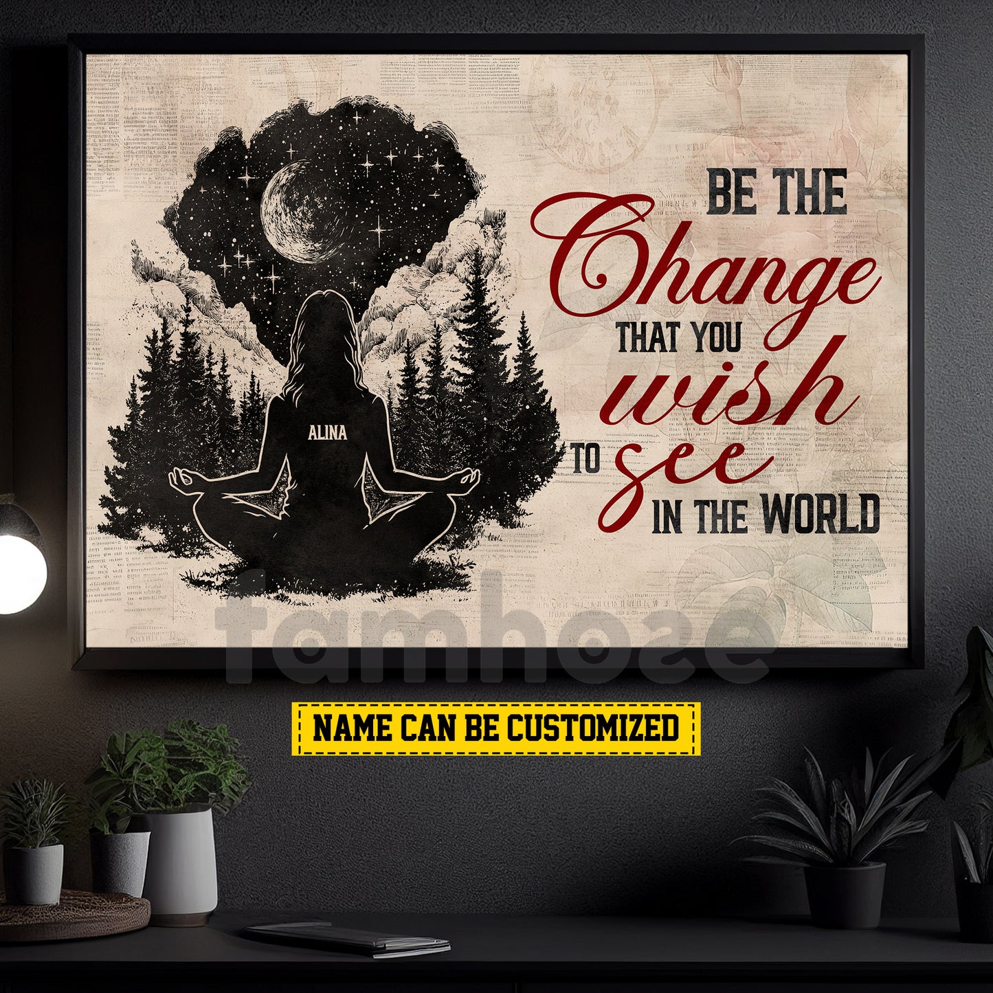 Personalized Yoga Woman Canvas Painting, Be The Change That You Wish Wall Art Decor, Poster Gift For Yoga Lovers