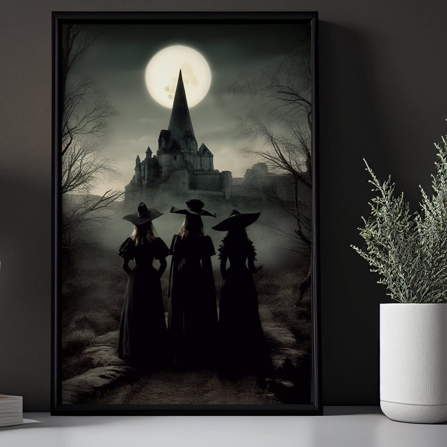 Mystical Three Witches Look In The The Castle Canvas Wall Art Print - Dark Surreal Mythical Witch Halloween Poster Print Art For Decorating Your Home