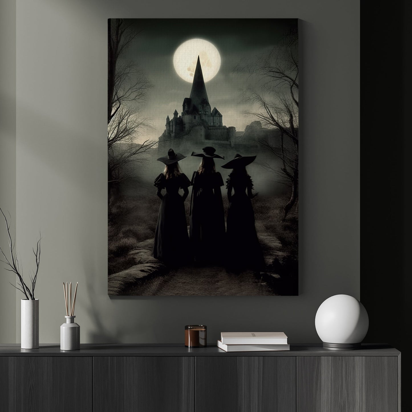 Mystical Three Witches Look In The The Castle Canvas Wall Art Print - Dark Surreal Mythical Witch Halloween Poster Print Art For Decorating Your Home