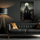 Mystical Three Witches Look In The The Castle Canvas Wall Art Print - Dark Surreal Mythical Witch Halloween Poster Print Art For Decorating Your Home