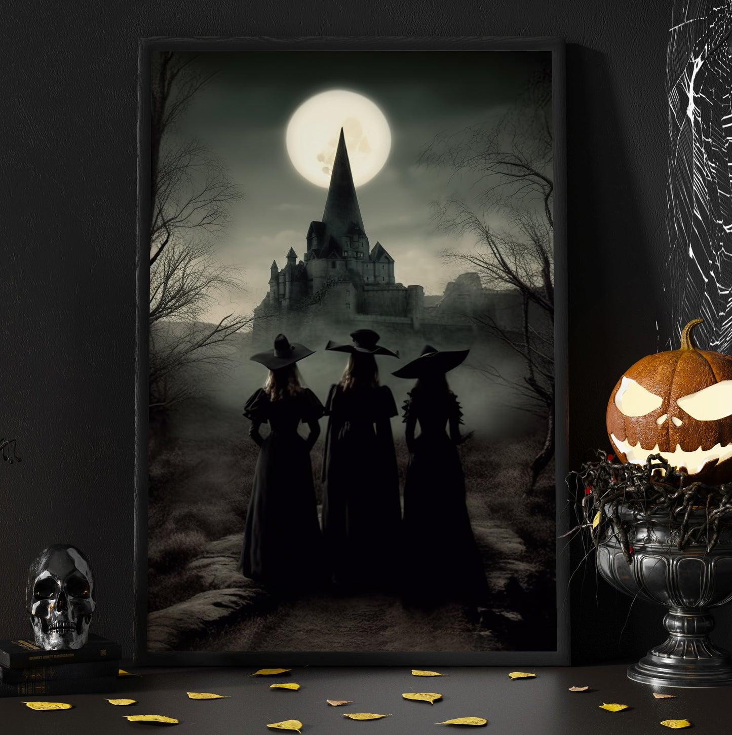 Mystical Three Witches Look In The The Castle Canvas Wall Art Print - Dark Surreal Mythical Witch Halloween Poster Print Art For Decorating Your Home