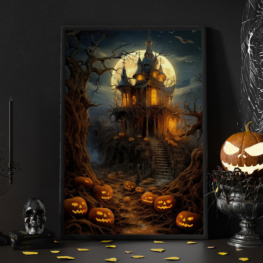 Haunting House Moonlight Dark Surreal Halloween Halloween Canvas Painting, Wall Art Decor - Horror Witchy House Poster Gift