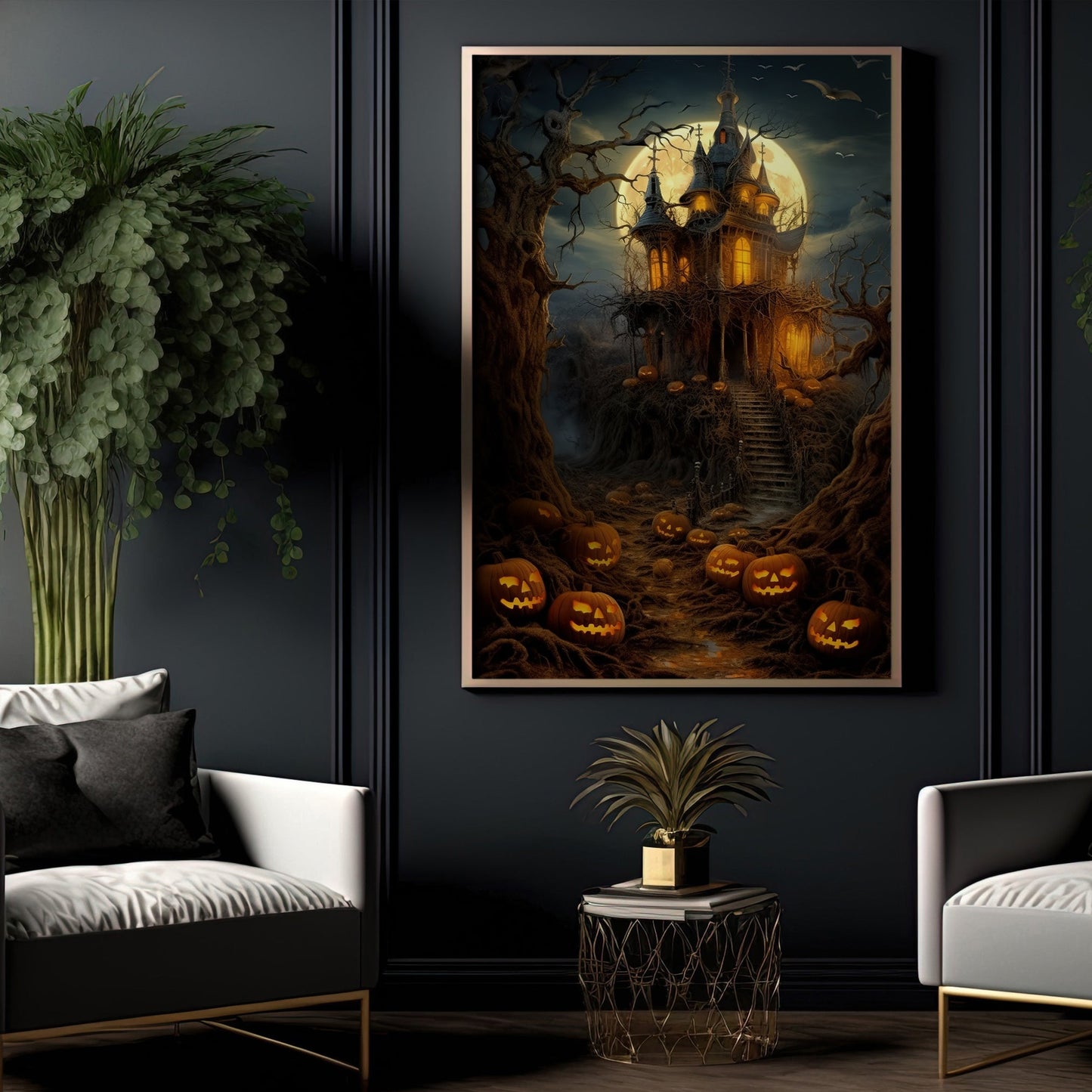 Haunting House Moonlight Dark Surreal Halloween Halloween Canvas Painting, Wall Art Decor - Horror Witchy House Poster Gift