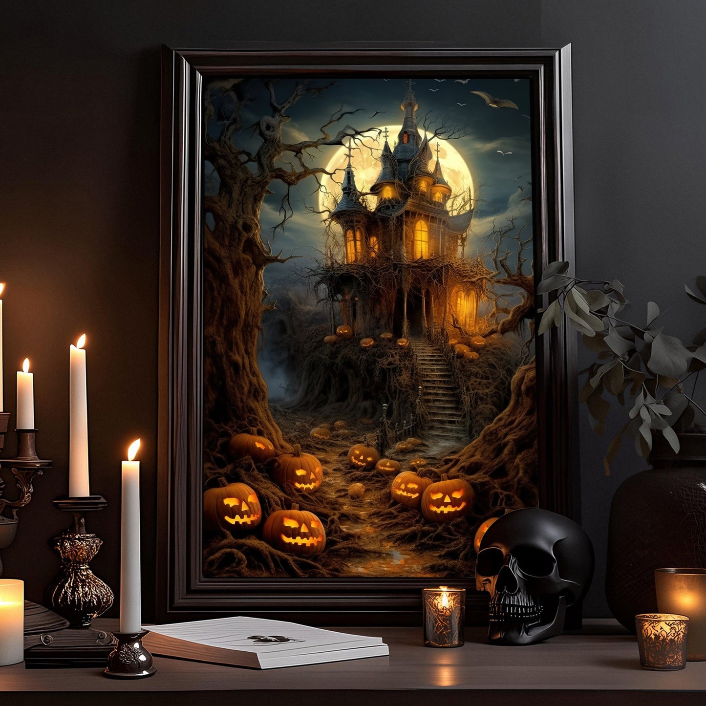 Haunting House Moonlight Dark Surreal Halloween Halloween Canvas Painting, Wall Art Decor - Horror Witchy House Poster Gift