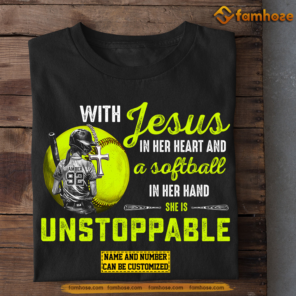 Personalized Softball Girl T-shirt, With Jesus In Her Heart Softball In her Hand, Gift For Softball Lovers, Softball Players