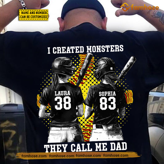 Personalized Softball Dad Girl Backside T-shirt, I Created Monsters They Call Me Dad Sport Tees Father's Day Gift For Softball Lovers