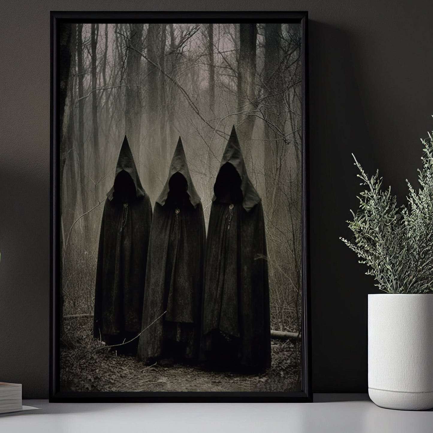 Spooky Three Witches Stay In The Dark Forest Canvas Wall Art Print - Dark Surreal Mythical Witch Halloween Poster Print Art For Decorating Your Home