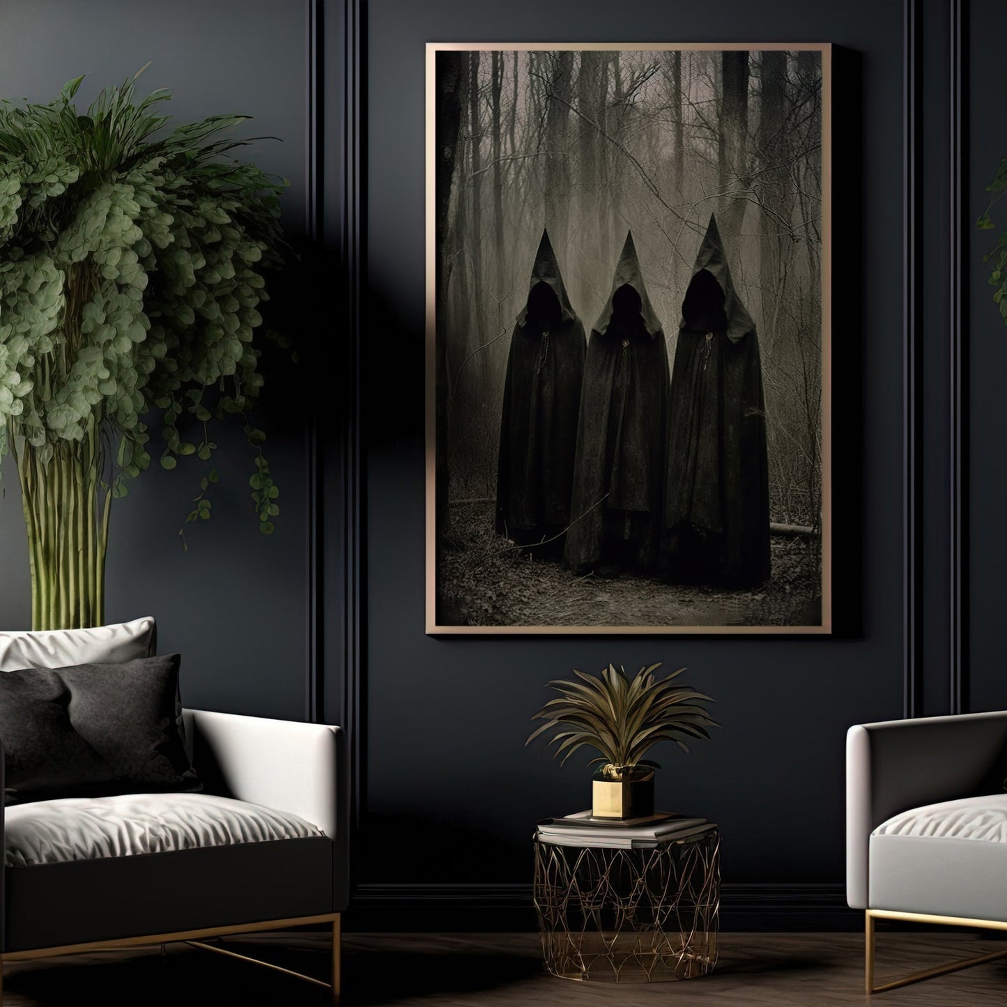 Spooky Three Witches Stay In The Dark Forest Canvas Wall Art Print - Dark Surreal Mythical Witch Halloween Poster Print Art For Decorating Your Home