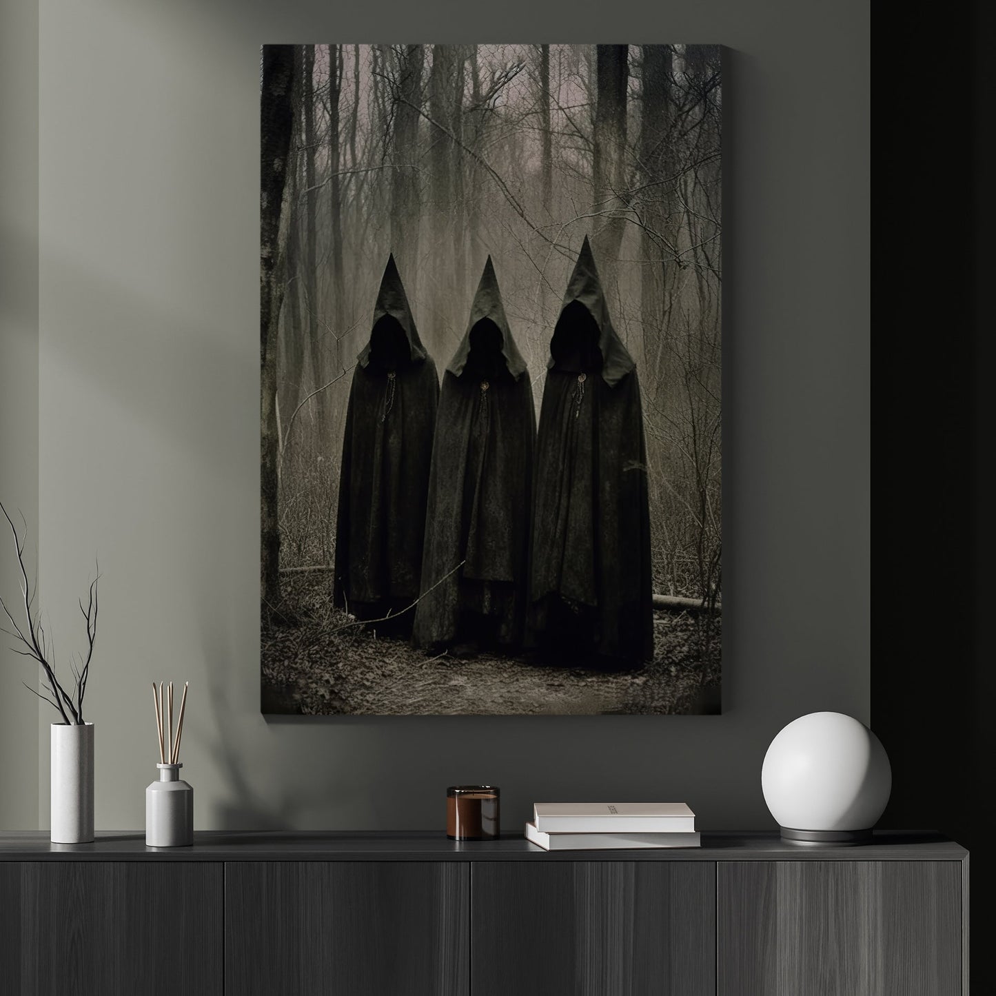 Spooky Three Witches Stay In The Dark Forest Canvas Wall Art Print - Dark Surreal Mythical Witch Halloween Poster Print Art For Decorating Your Home