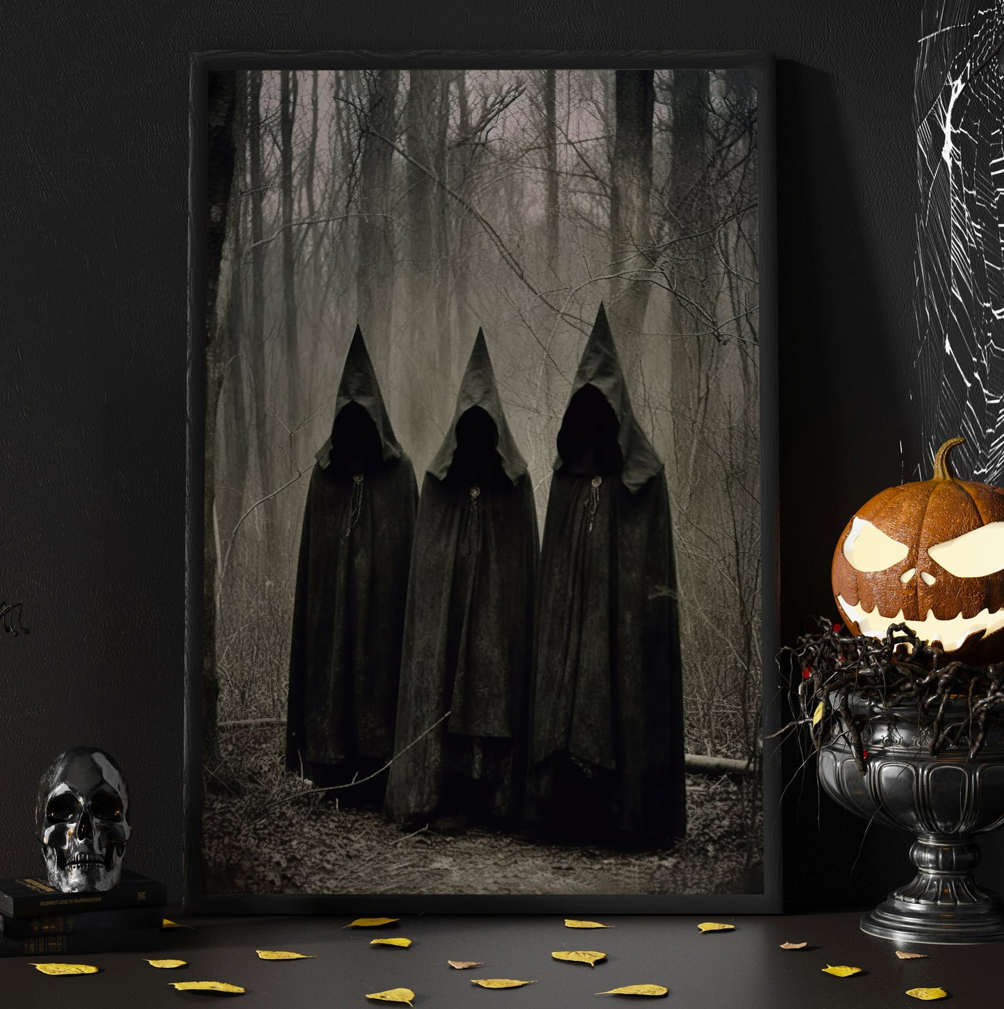 Spooky Three Witches Stay In The Dark Forest Canvas Wall Art Print - Dark Surreal Mythical Witch Halloween Poster Print Art For Decorating Your Home