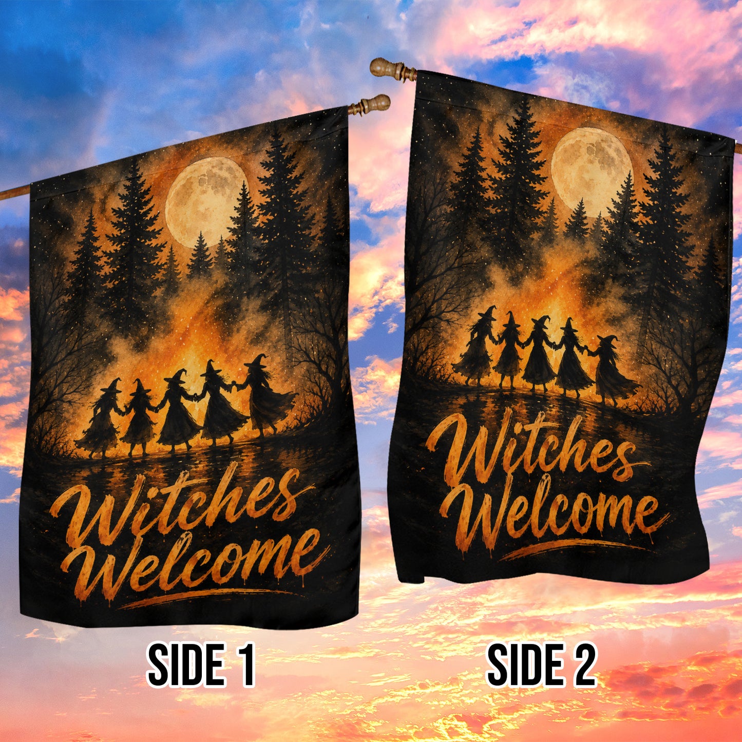 Halloween Witches Welcome Garden & House Flag, Witch Coven Full Moon Yard Flag Spooky Season Gift For Witch Lover