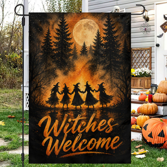 Halloween Witches Welcome Garden & House Flag, Witch Coven Full Moon Yard Flag Spooky Season Gift For Witch Lover