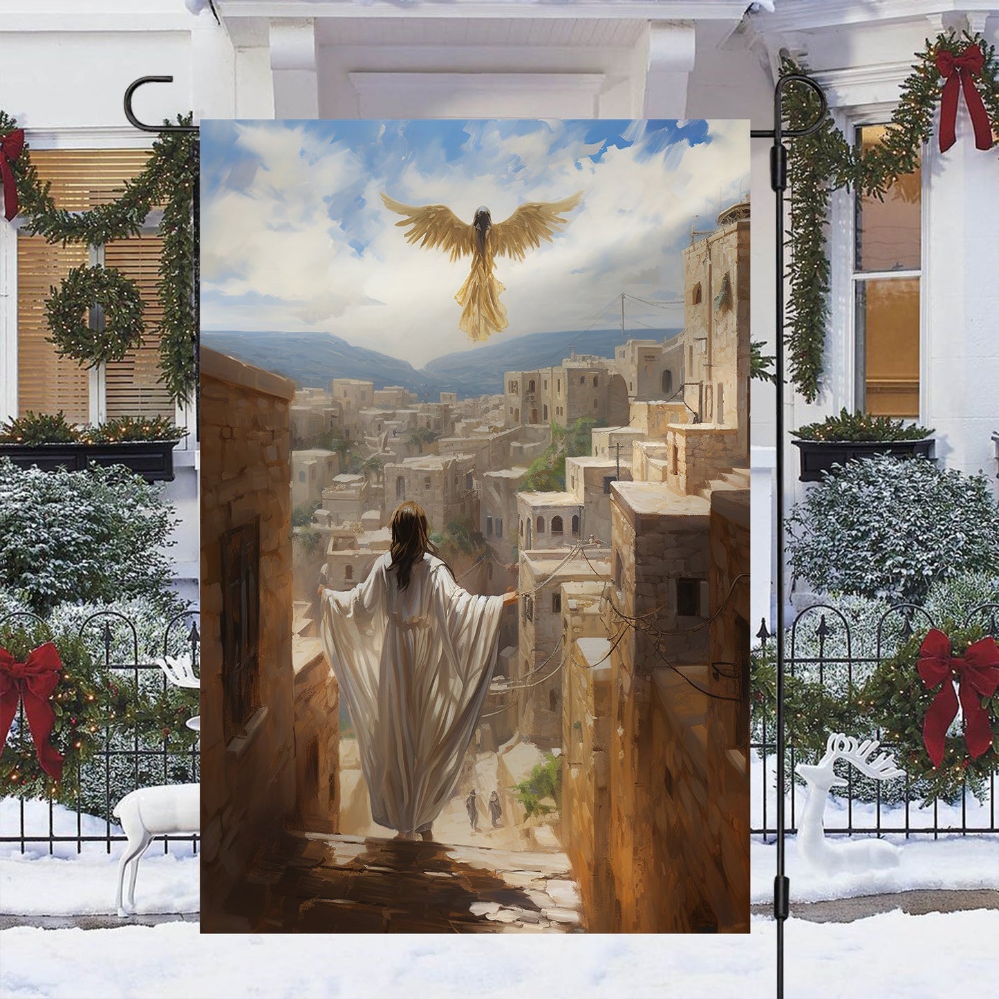 A Heavenly Journey Over Bethlehem, Christmas Garden Flag - House Flag, Nativity Religious Winter Christians Flag Gift