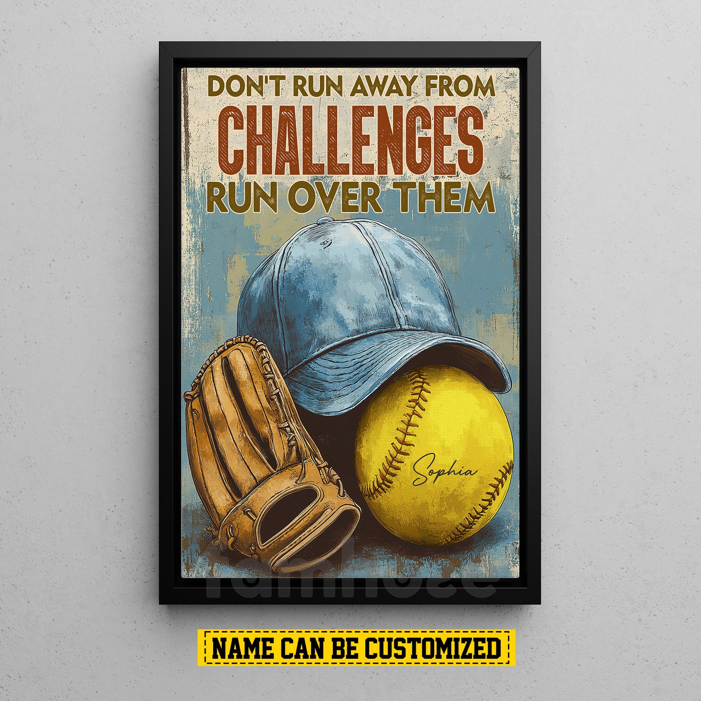 Motivational Personalized Softball Canvas Painting, Don't Run Away From Challenges Sport Wall Art Decor, Poster Gift For Softball Lovers