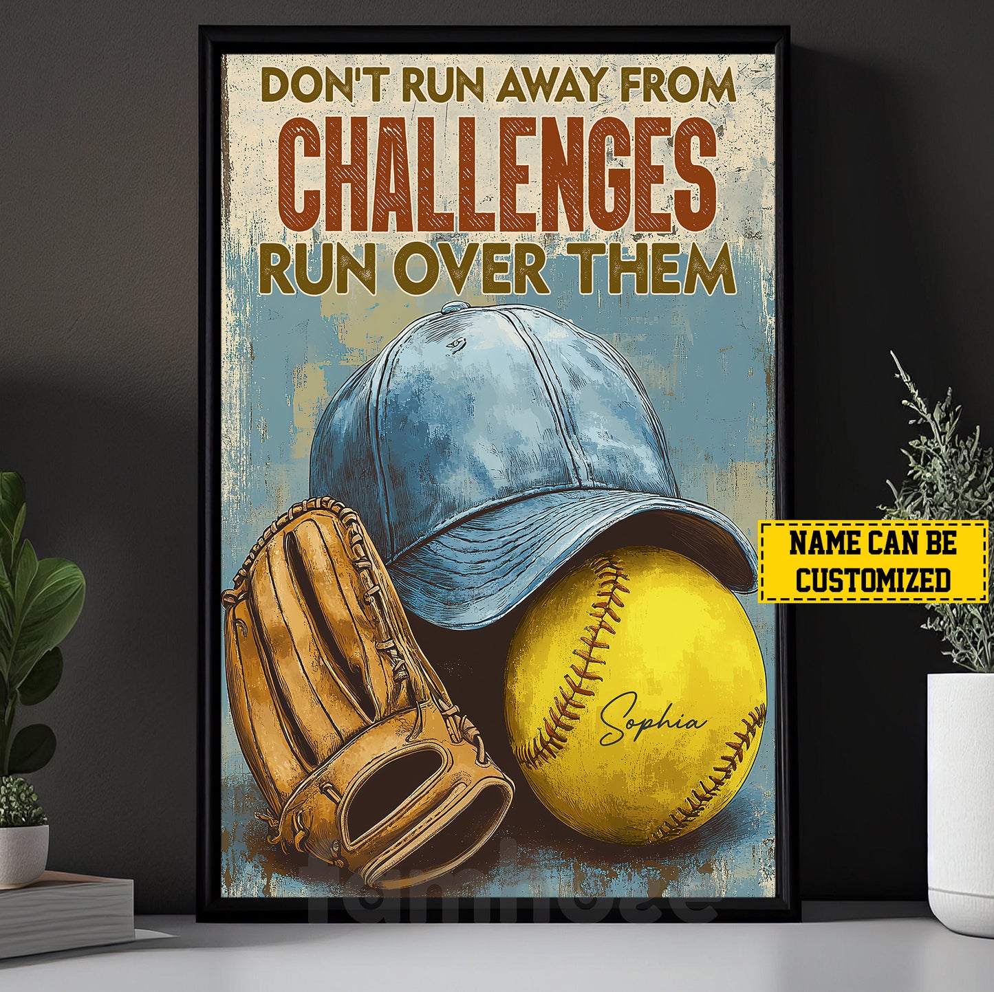 Motivational Personalized Softball Canvas Painting, Don't Run Away From Challenges Sport Wall Art Decor, Poster Gift For Softball Lovers