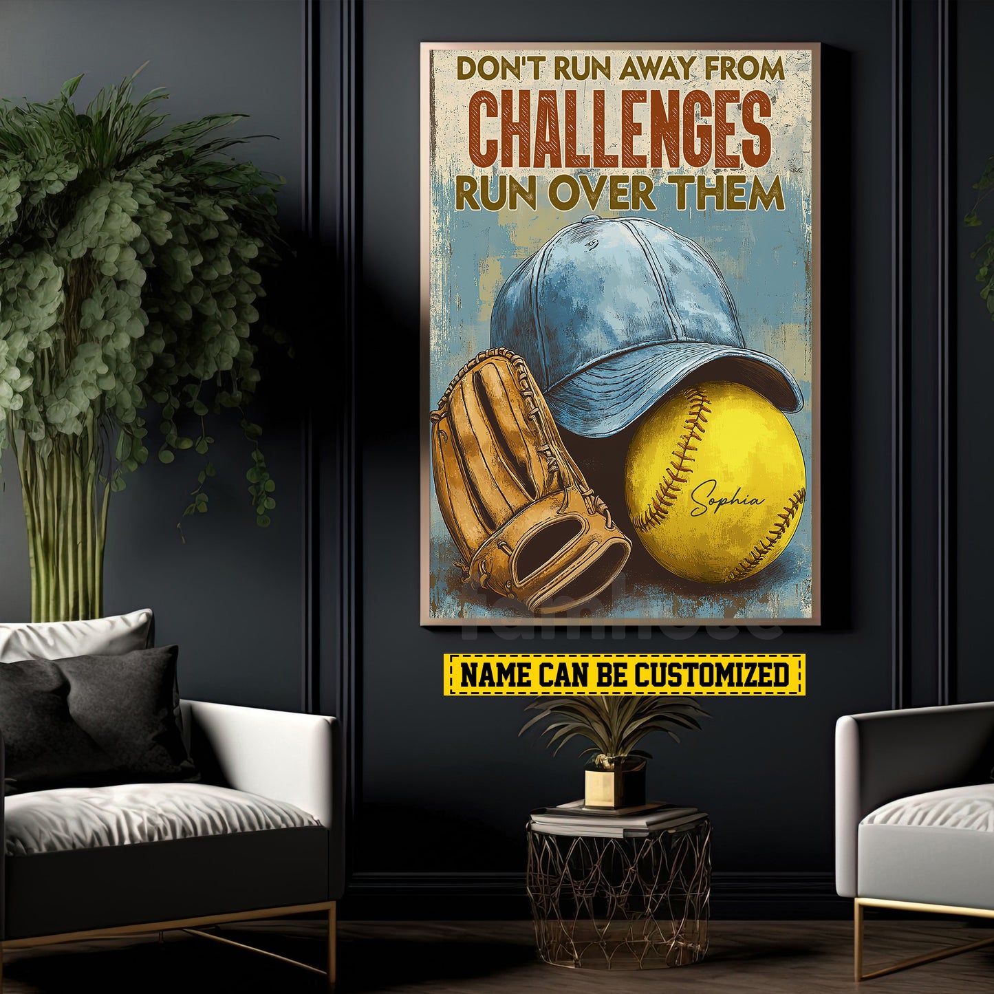 Motivational Personalized Softball Canvas Painting, Don't Run Away From Challenges Sport Wall Art Decor, Poster Gift For Softball Lovers