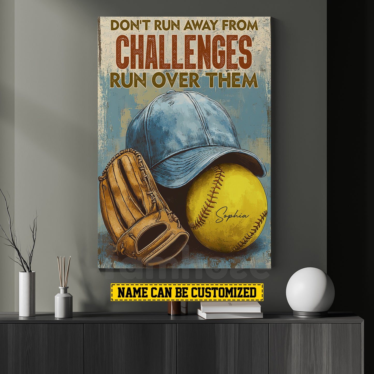 Motivational Personalized Softball Canvas Painting, Don't Run Away From Challenges Sport Wall Art Decor, Poster Gift For Softball Lovers