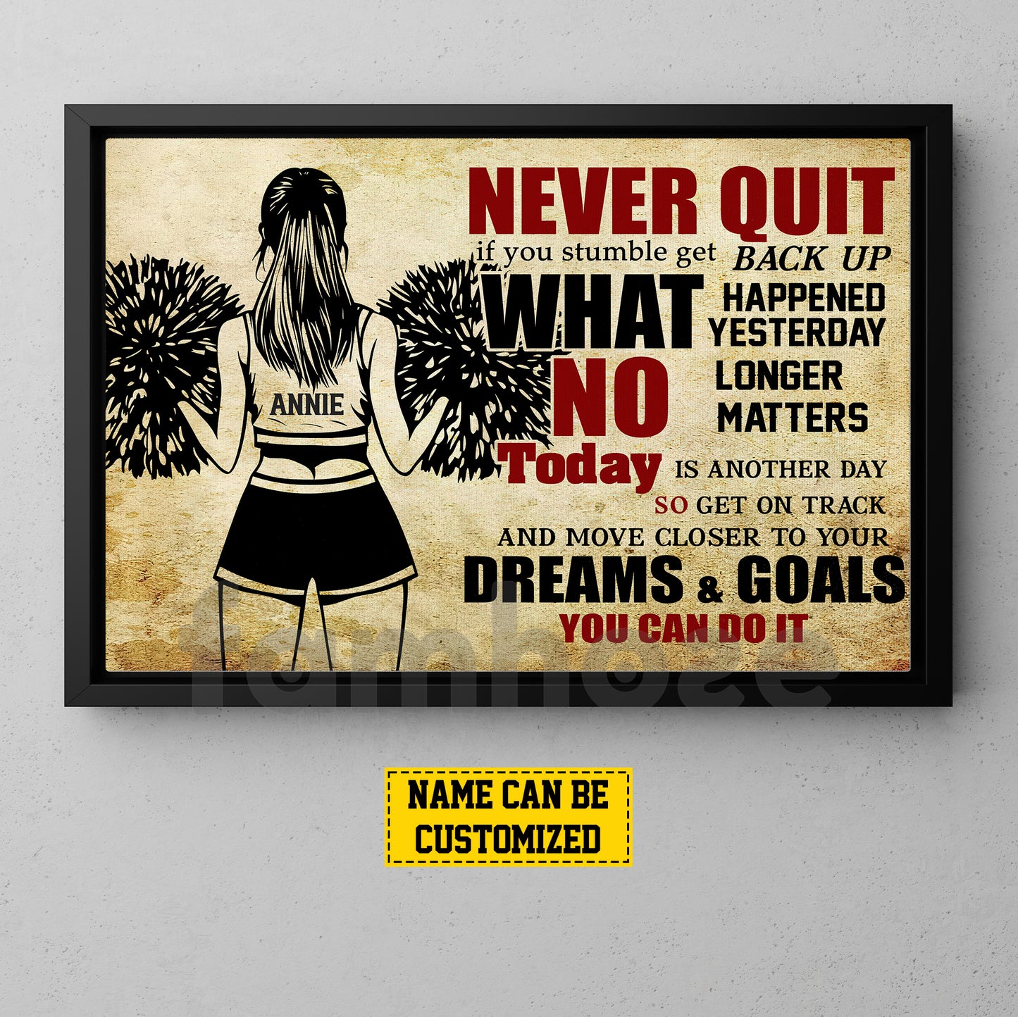 Motivational Personalized Cheerleading Girl Canvas Painting, Never Quit Wall Art Decor, Poster Gift For Cheerleader, Cheerleading Lovers