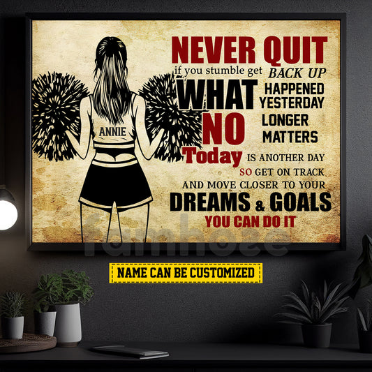 Motivational Personalized Cheerleading Girl Canvas Painting, Never Quit Wall Art Decor, Poster Gift For Cheerleader, Cheerleading Lovers