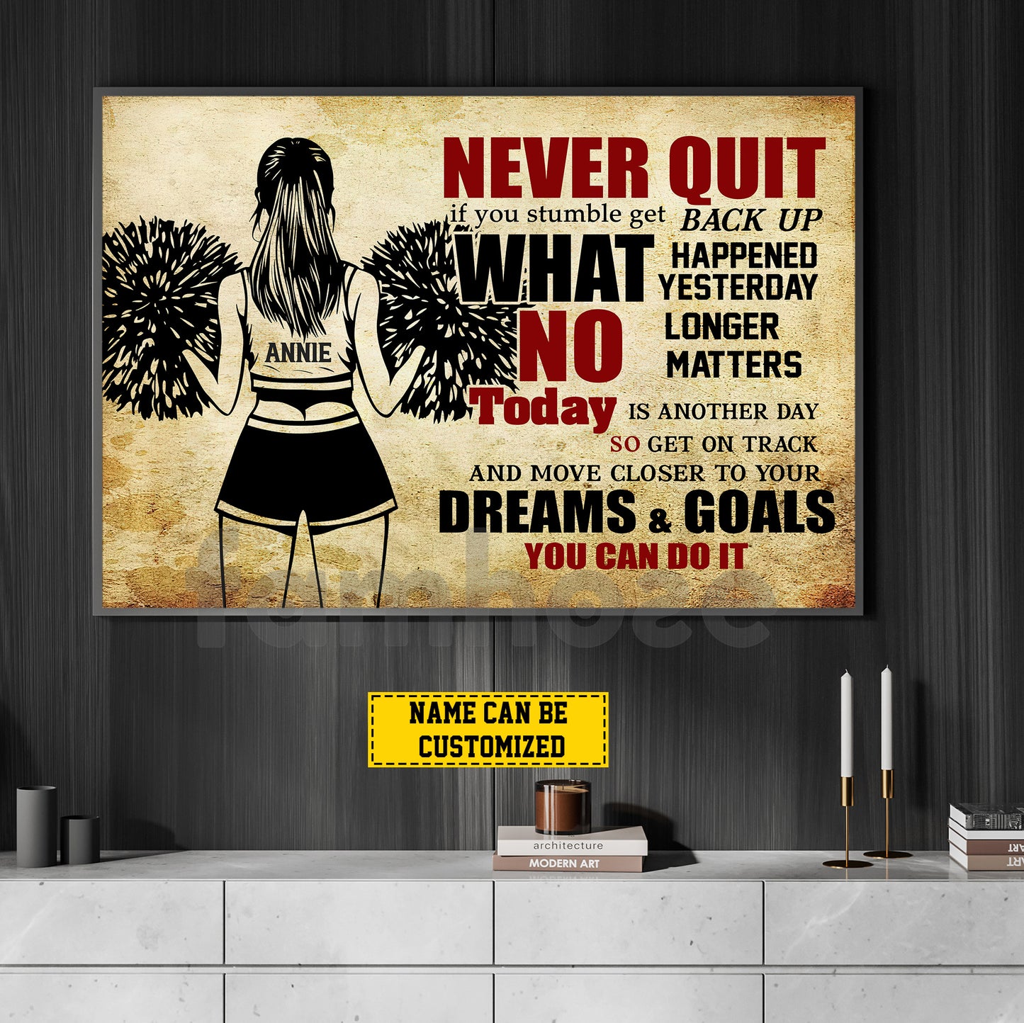 Motivational Personalized Cheerleading Girl Canvas Painting, Never Quit Wall Art Decor, Poster Gift For Cheerleader, Cheerleading Lovers