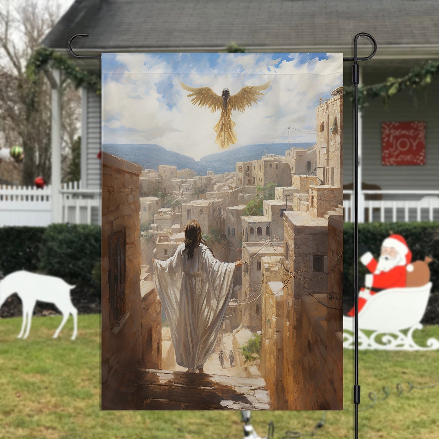 A Heavenly Journey Over Bethlehem, Christmas Garden Flag - House Flag, Nativity Religious Winter Christians Flag Gift