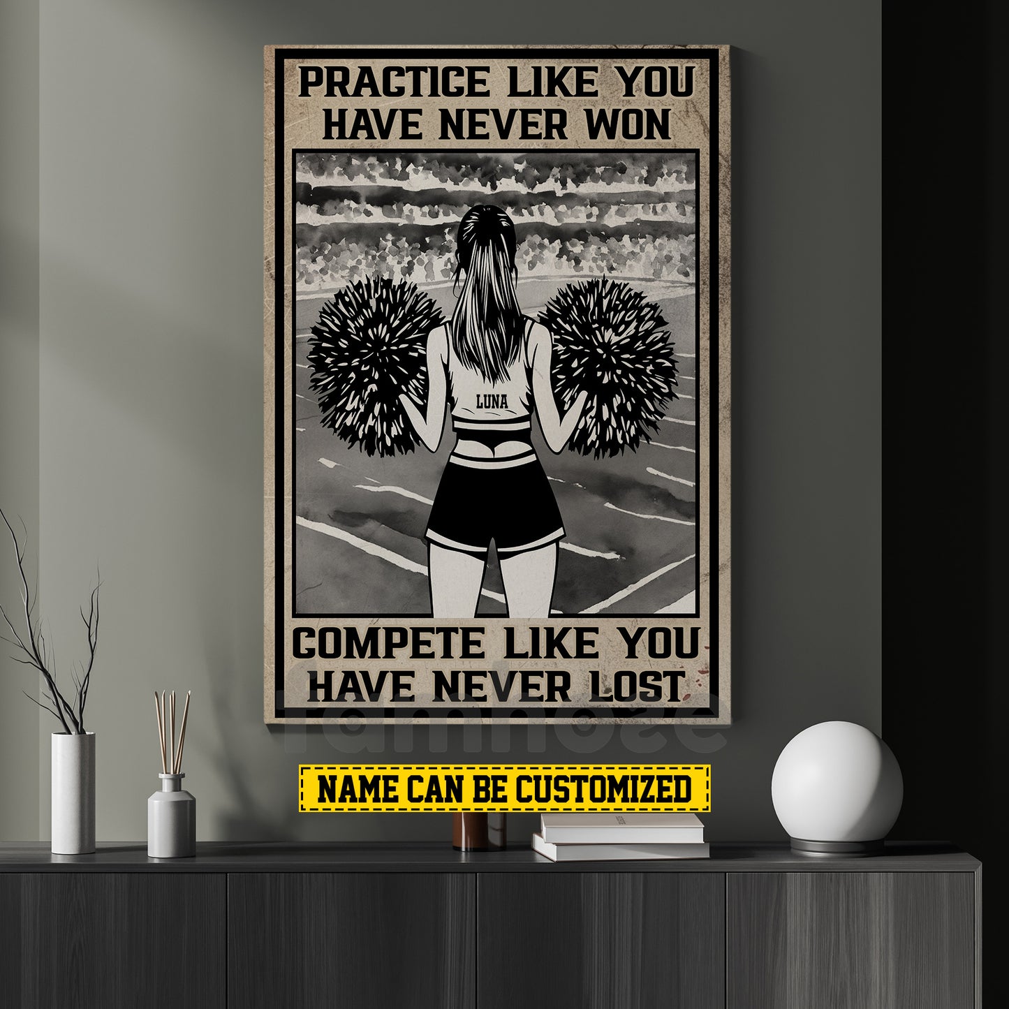 Motivational Personalized Cheerleading Girl Canvas Painting, Practice Like You Have Never Won Wall Art Decor, Poster Gift For Cheerleading Lovers