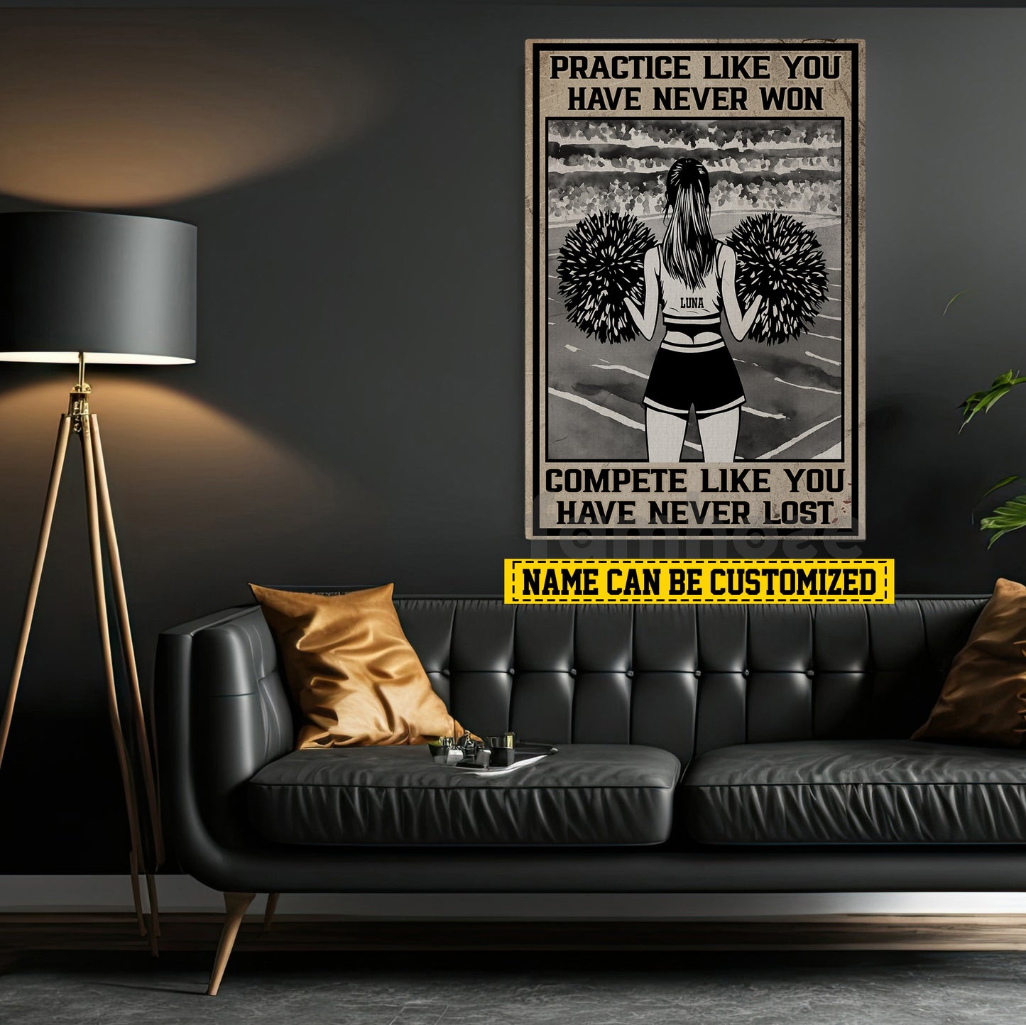 Motivational Personalized Cheerleading Girl Canvas Painting, Practice Like You Have Never Won Wall Art Decor, Poster Gift For Cheerleading Lovers