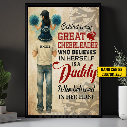 Motivational Personalized Cheerleading Dad Daughter Canvas Painting, Behind Every Great Cheerleader Inspirational Quotes Wall Art Decor, Poster Gift For Cheerleading Girl Lovers