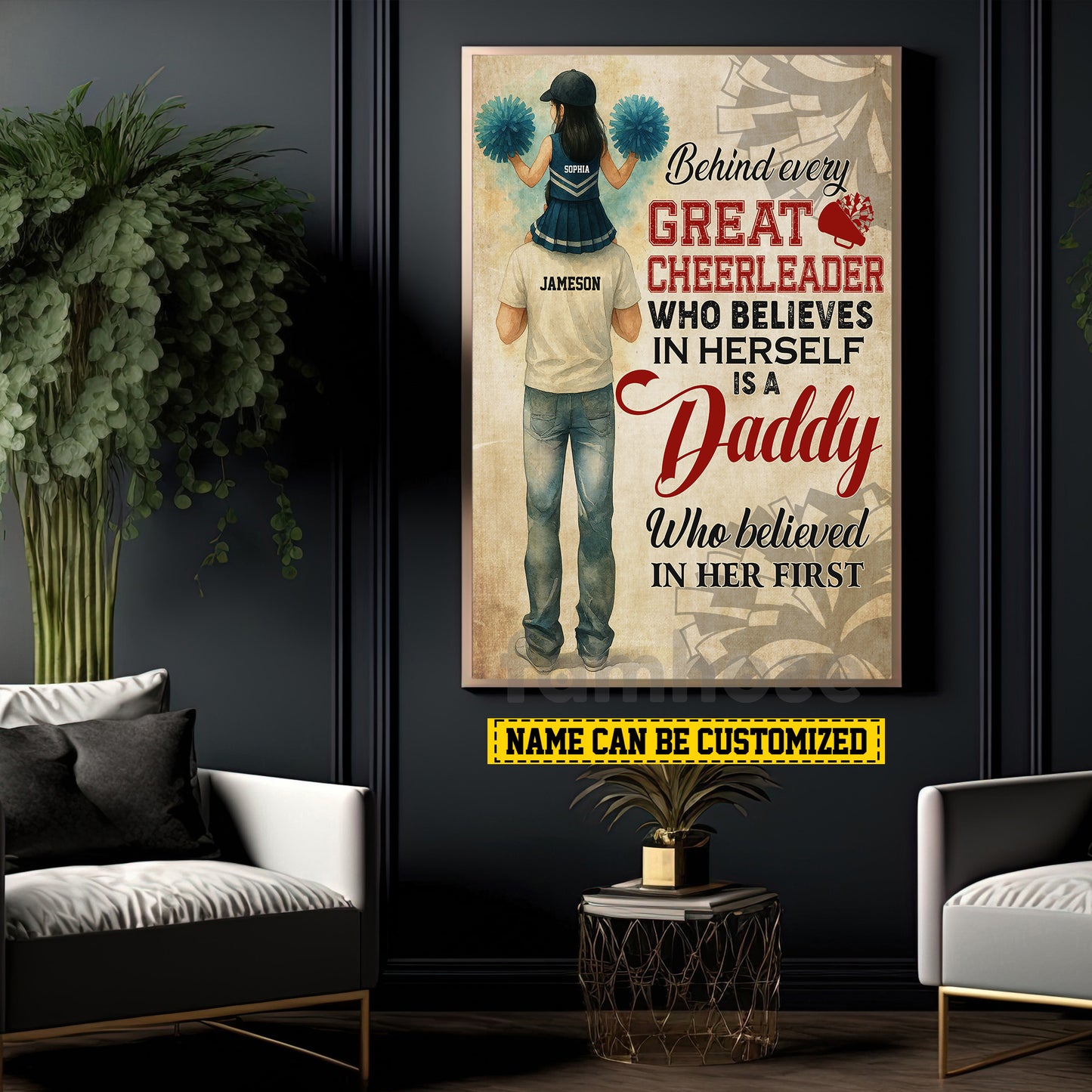 Motivational Personalized Cheerleading Dad Daughter Canvas Painting, Behind Every Great Cheerleader Inspirational Quotes Wall Art Decor, Poster Gift For Cheerleading Girl Lovers