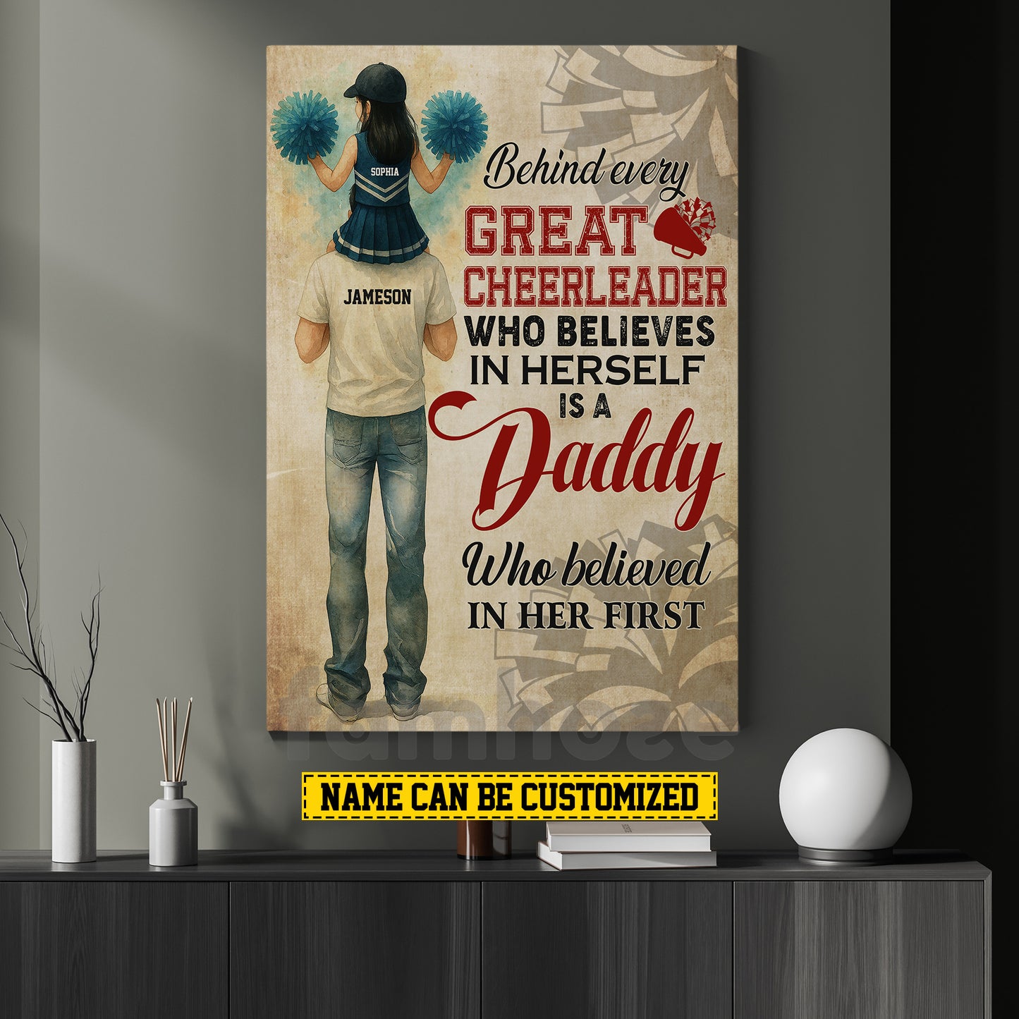 Motivational Personalized Cheerleading Dad Daughter Canvas Painting, Behind Every Great Cheerleader Inspirational Quotes Wall Art Decor, Poster Gift For Cheerleading Girl Lovers