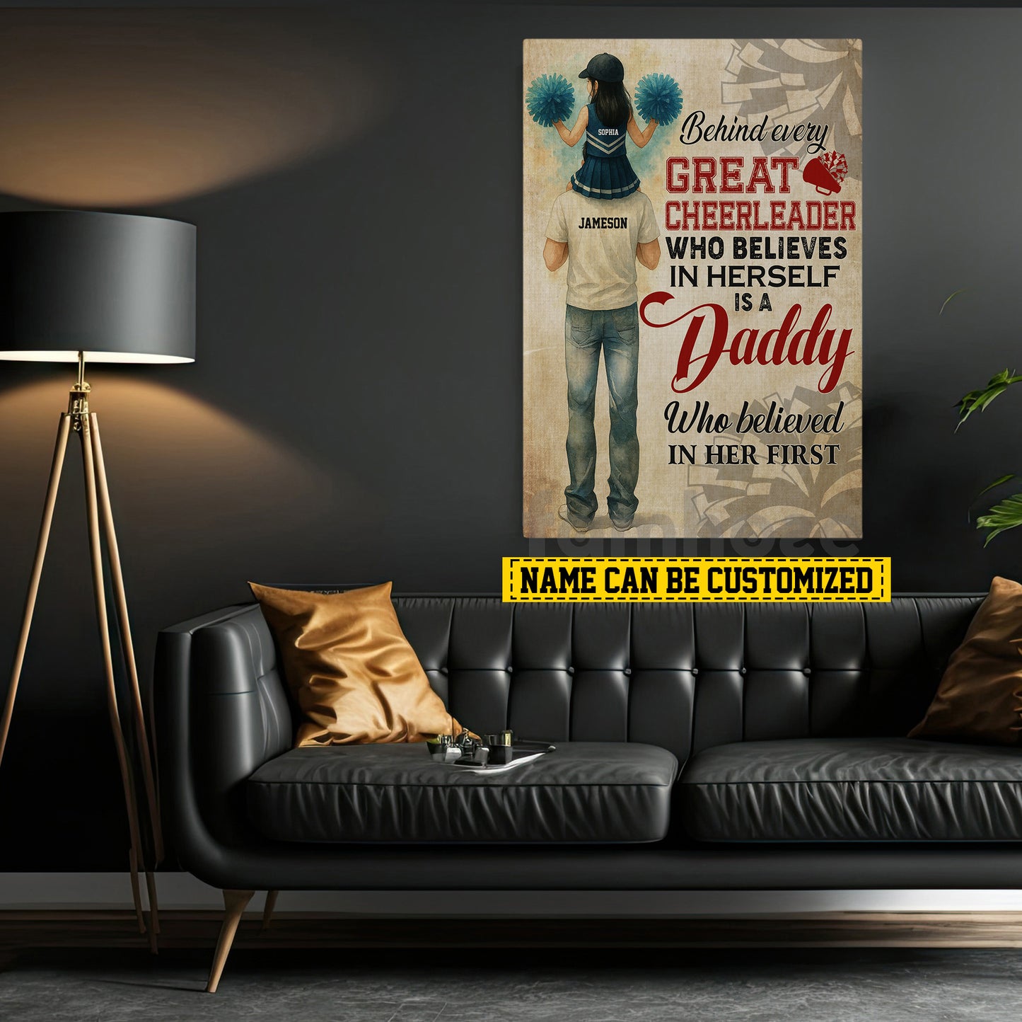 Motivational Personalized Cheerleading Dad Daughter Canvas Painting, Behind Every Great Cheerleader Inspirational Quotes Wall Art Decor, Poster Gift For Cheerleading Girl Lovers