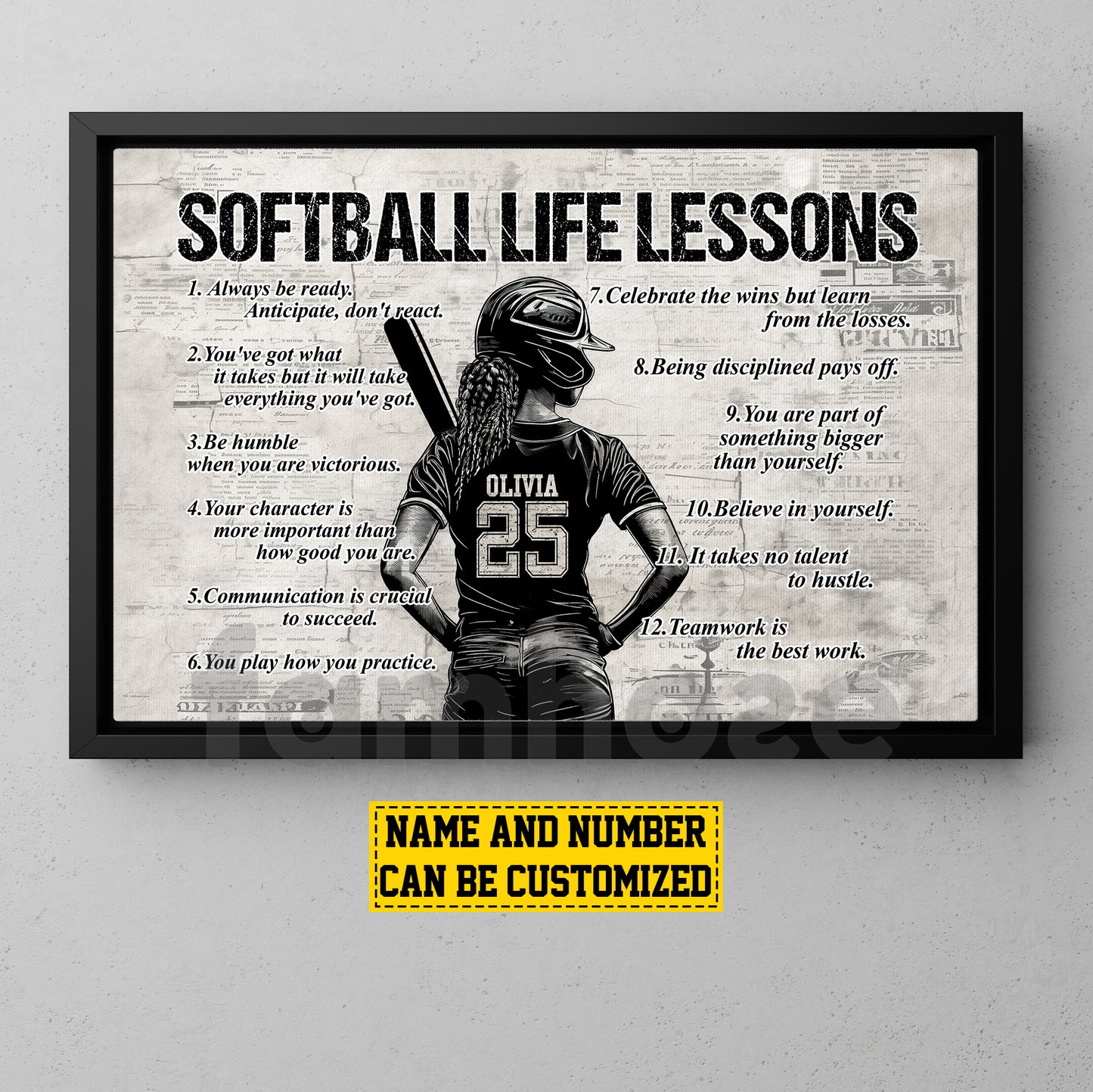 Personalized Motivational Softball African American Girl Canvas Painting, Sports Wall Art Decor, Poster Gift For Softball Lovers